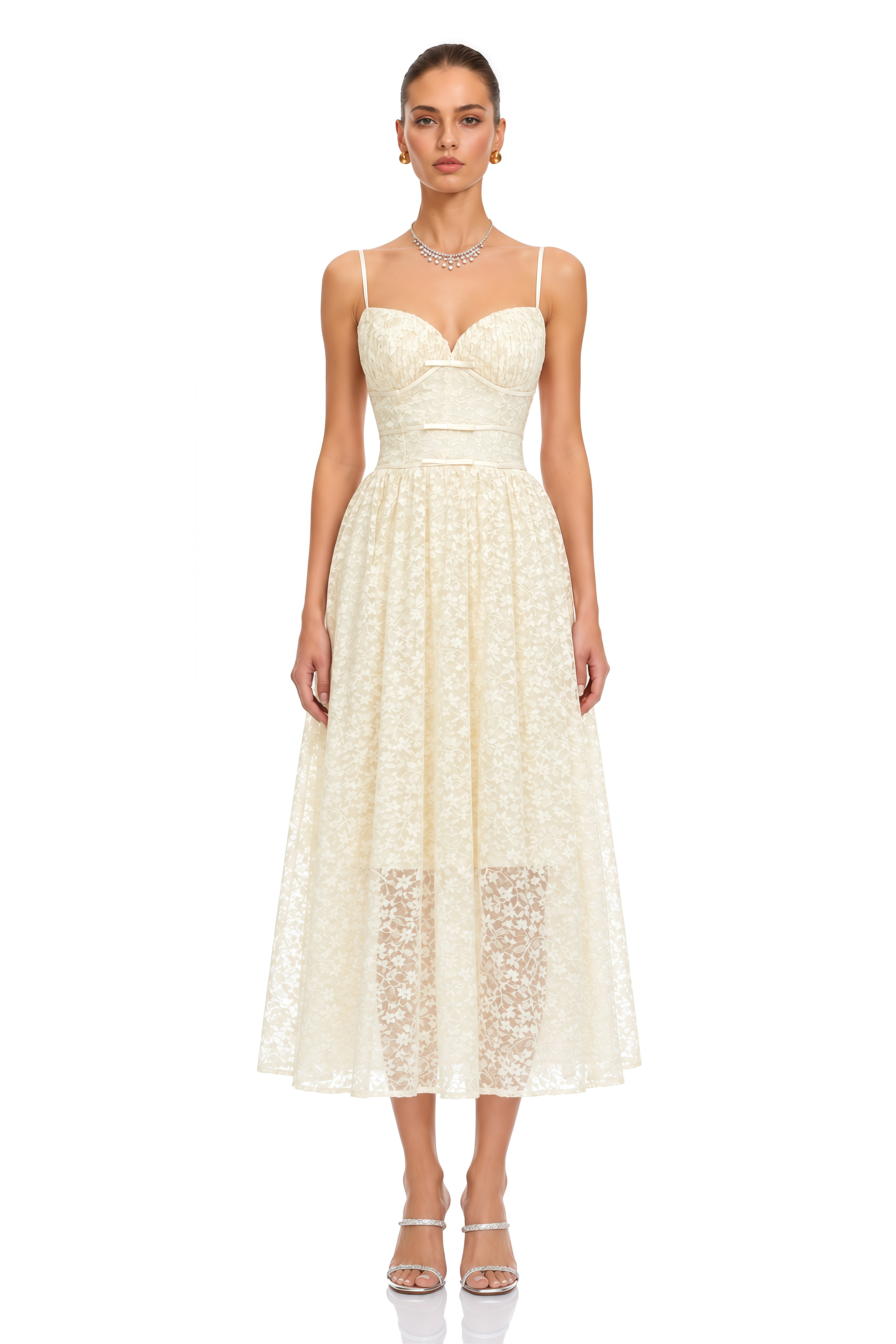 Ihaka Cream Sweetheart Lace Pleated Midi Dress