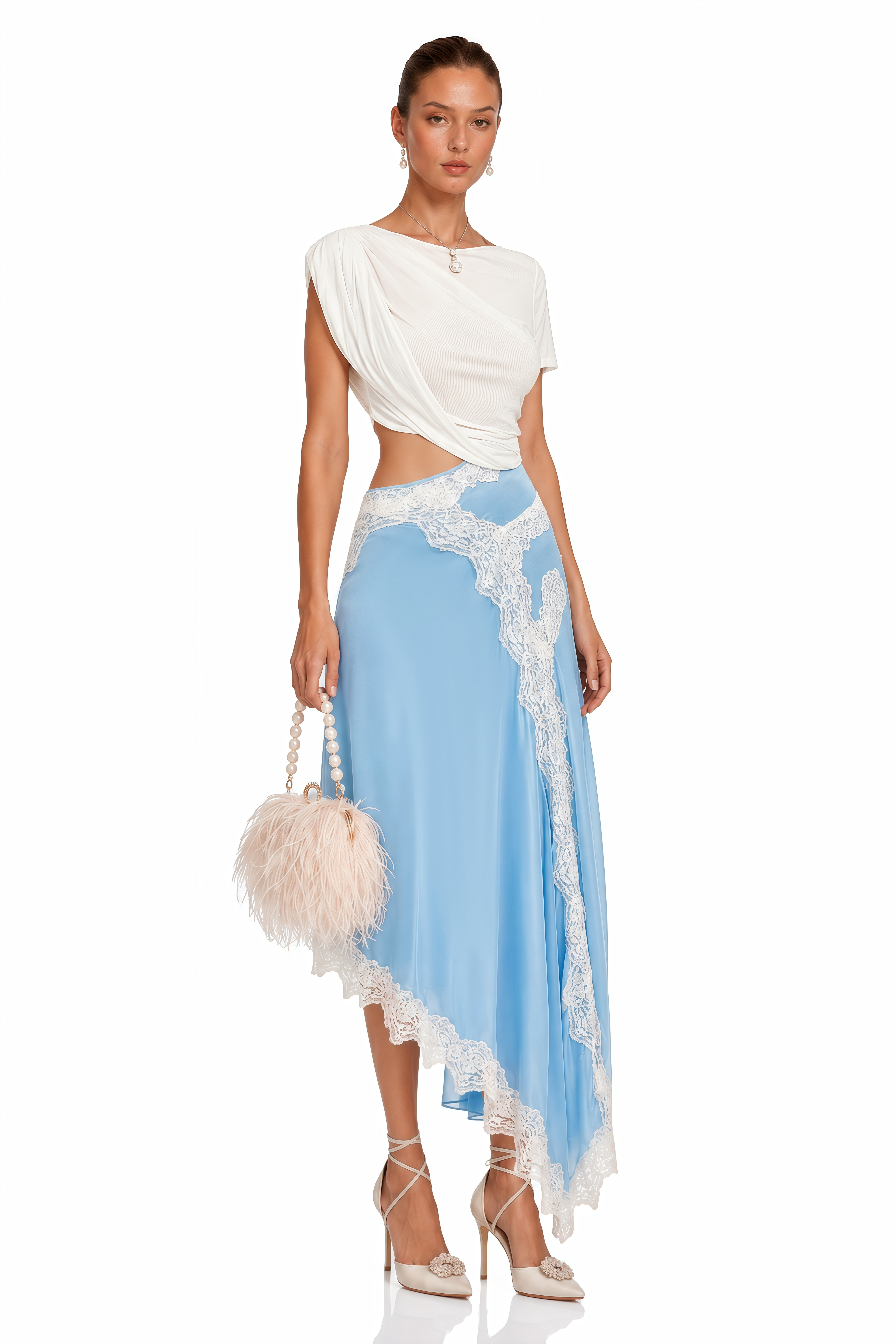 Fiamma Blue Gathered Lace Panel Maxi Dress
