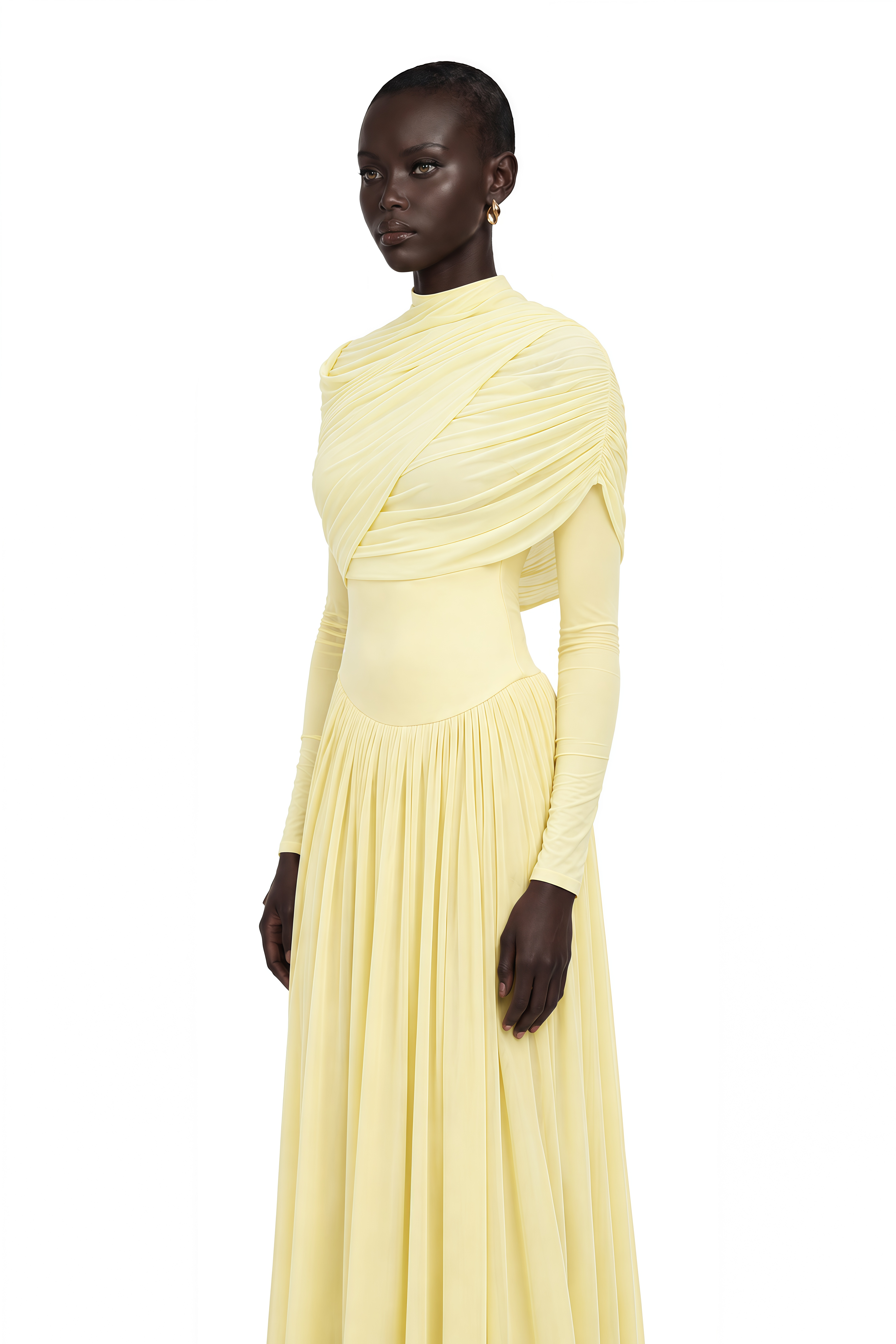 Catherine Yellow Asymmetrical Pleated Long-Sleeve Maxi Dress