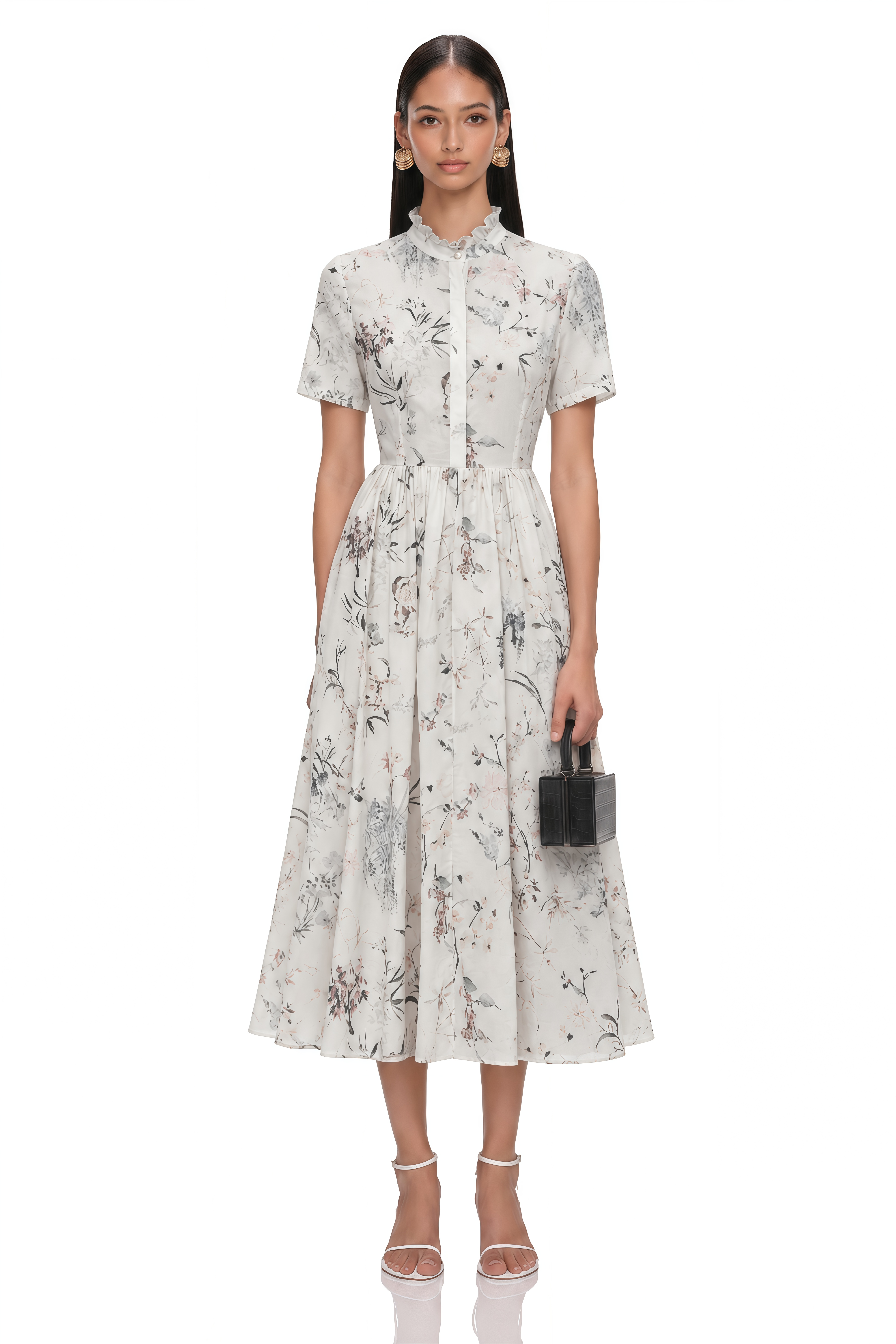 Héloïse White Floral Print Summer Midi Dress