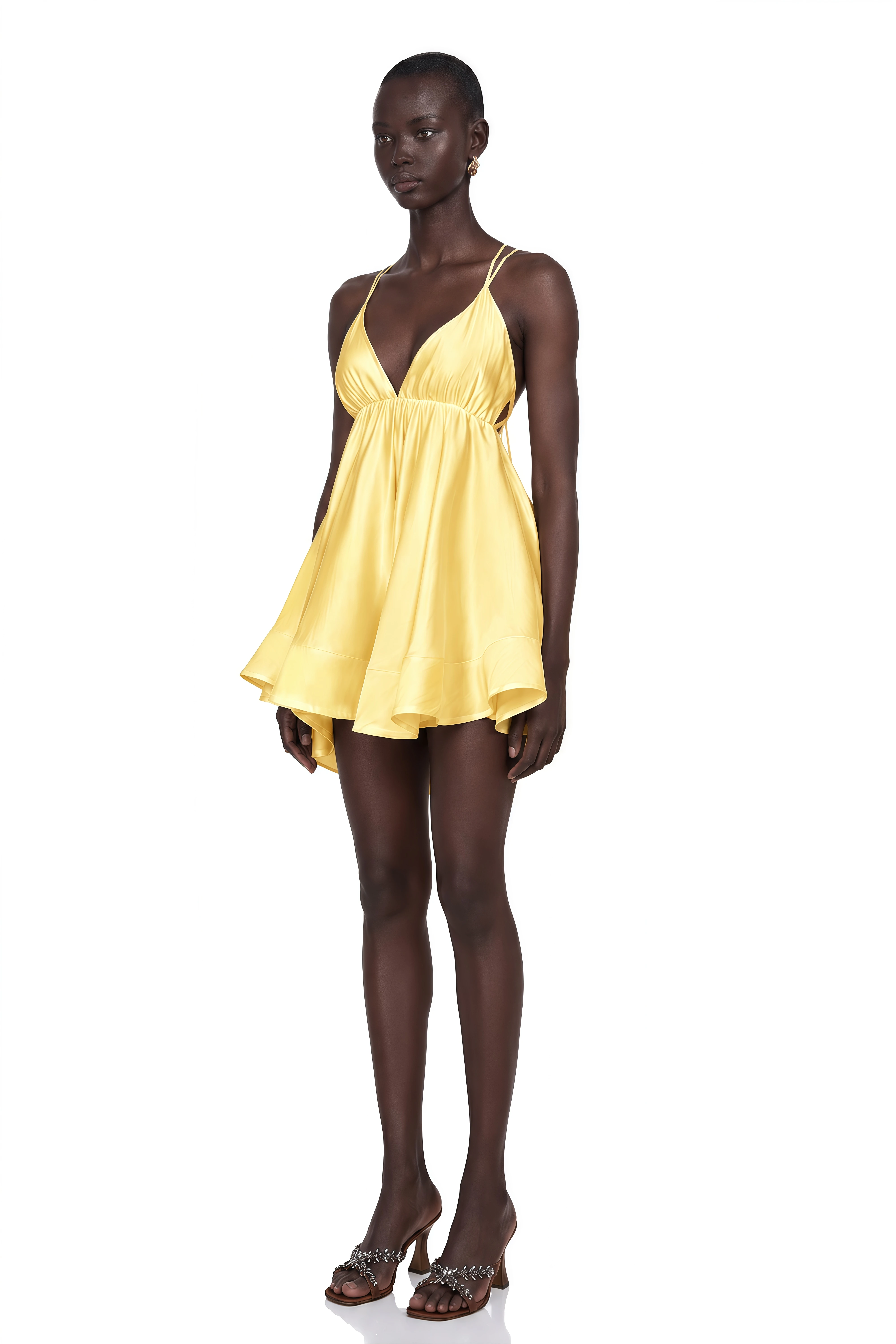 Quincie Yellow Shirred Flounced Mini Dress