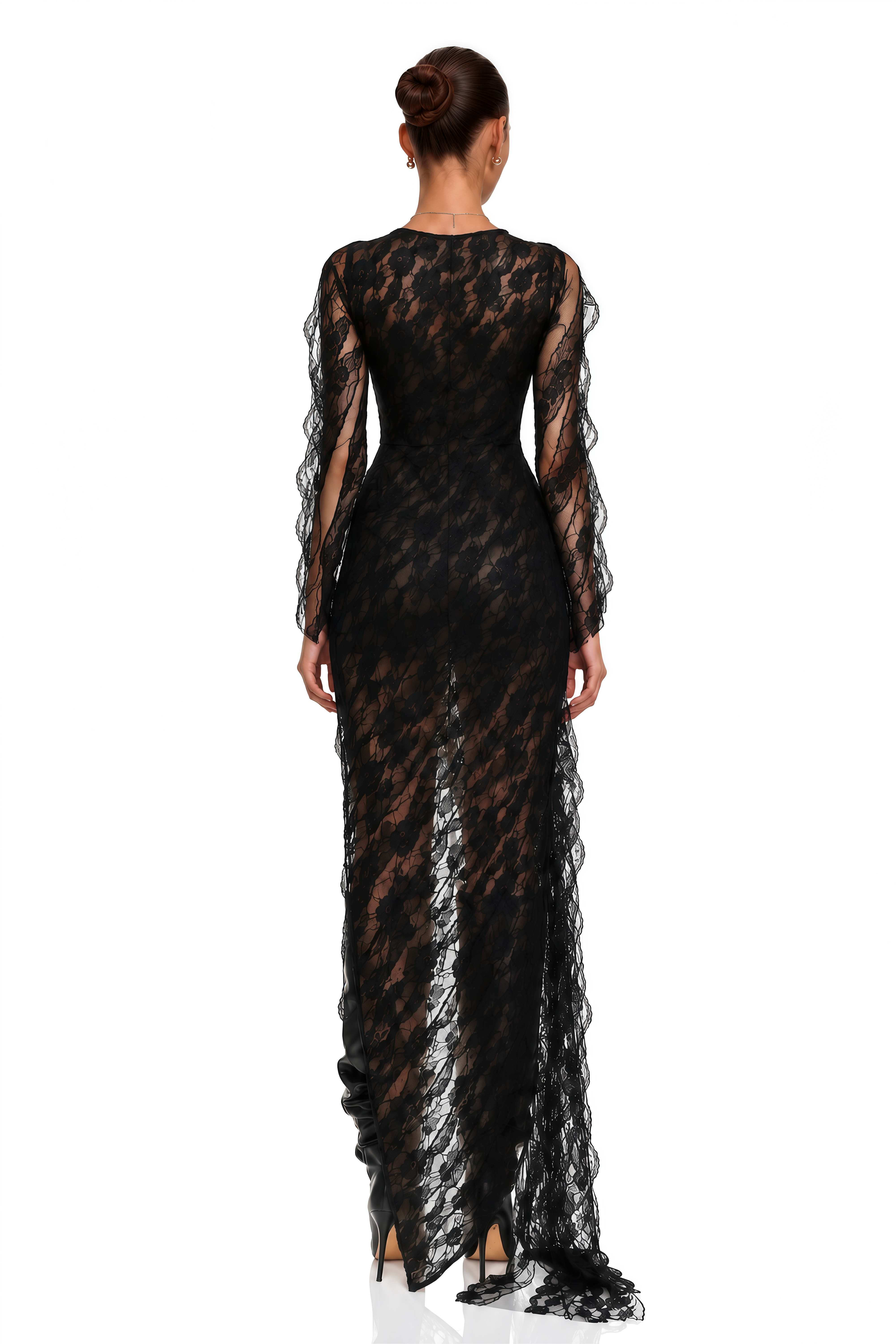 Gemma Black Floral Lace Asymmetrical Maxi Dress