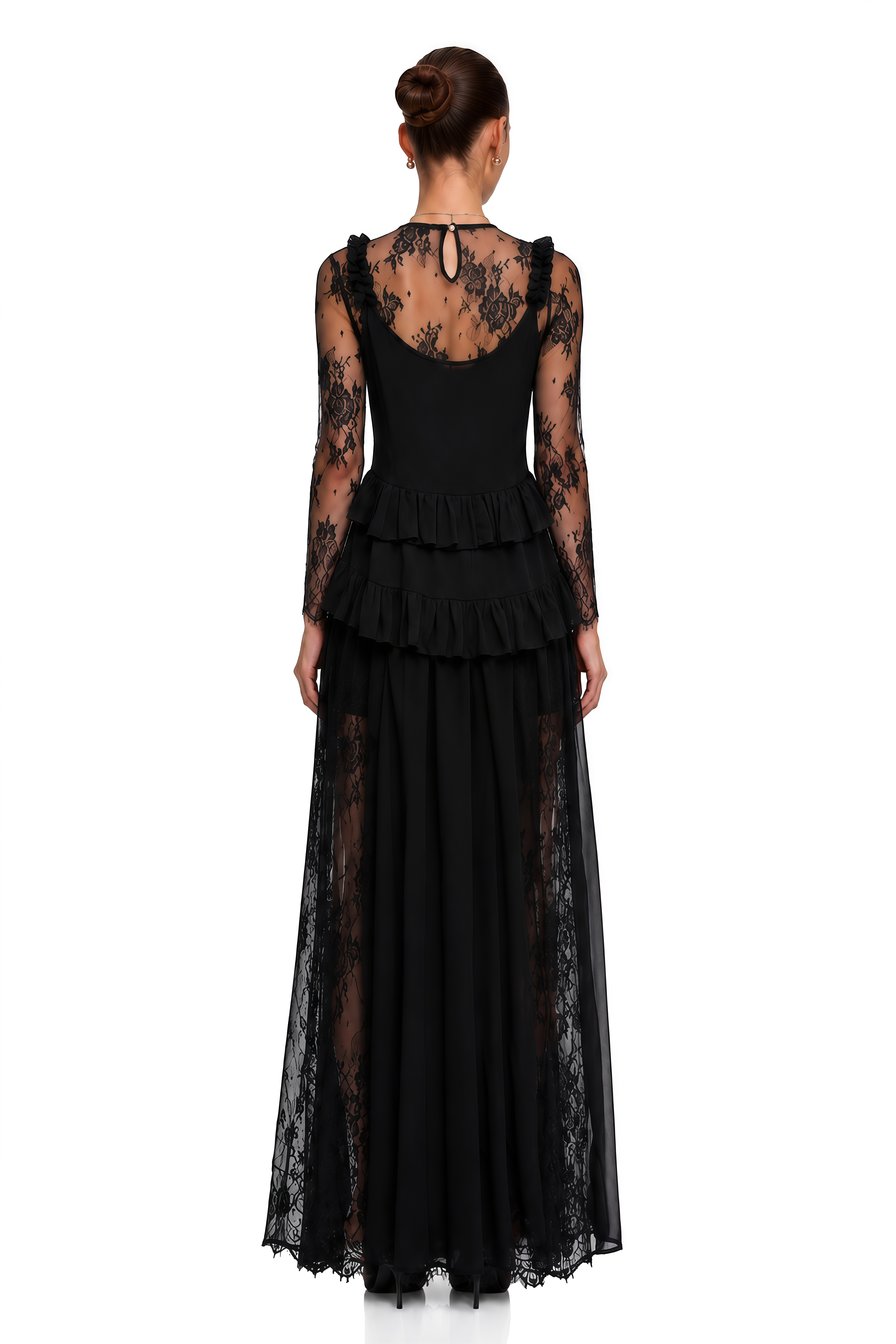 Vivian Black Sheer Lace Long Sleeves Ruffled Maxi Dress