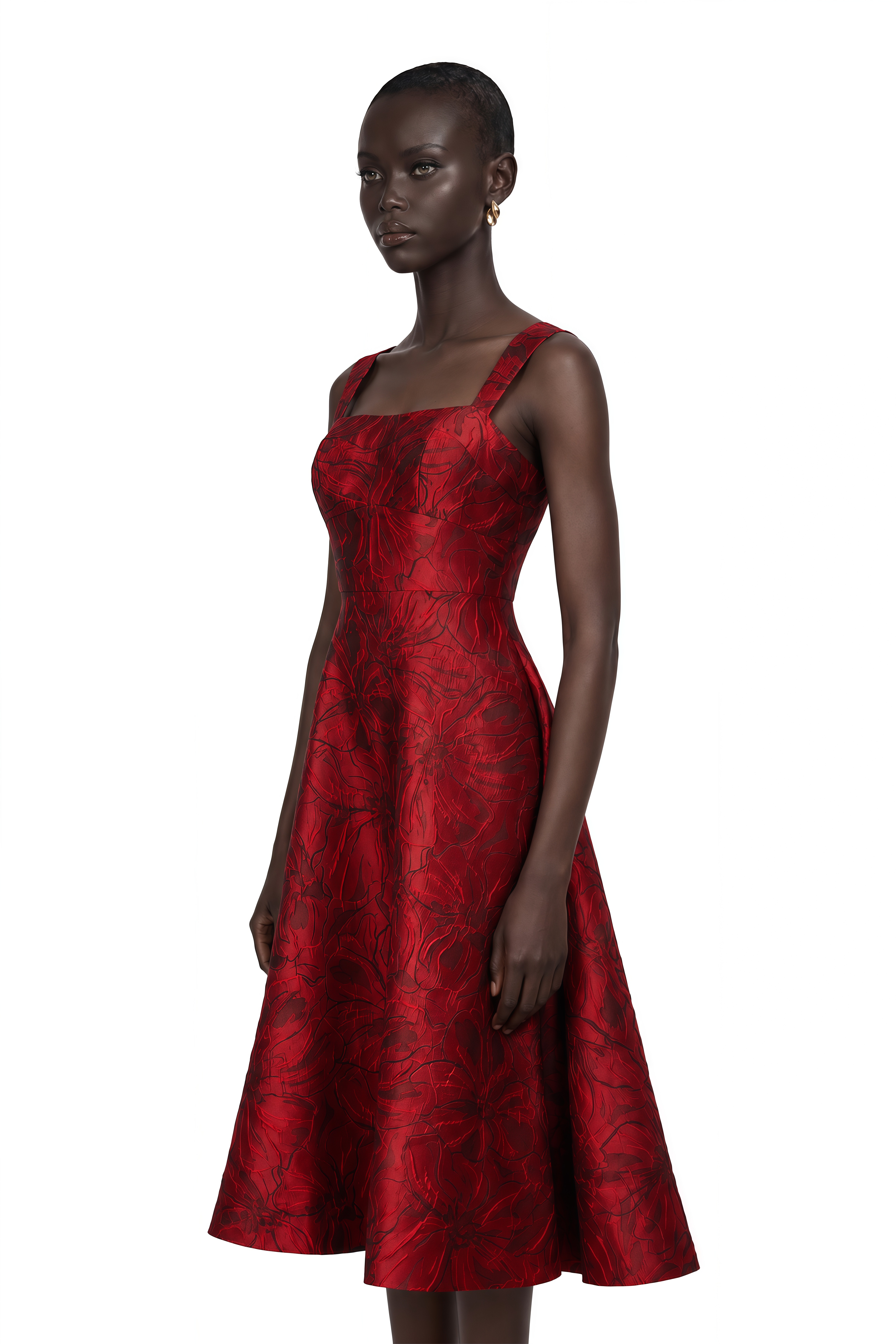 Hélène Red Floral-Jacquard Midi Dress