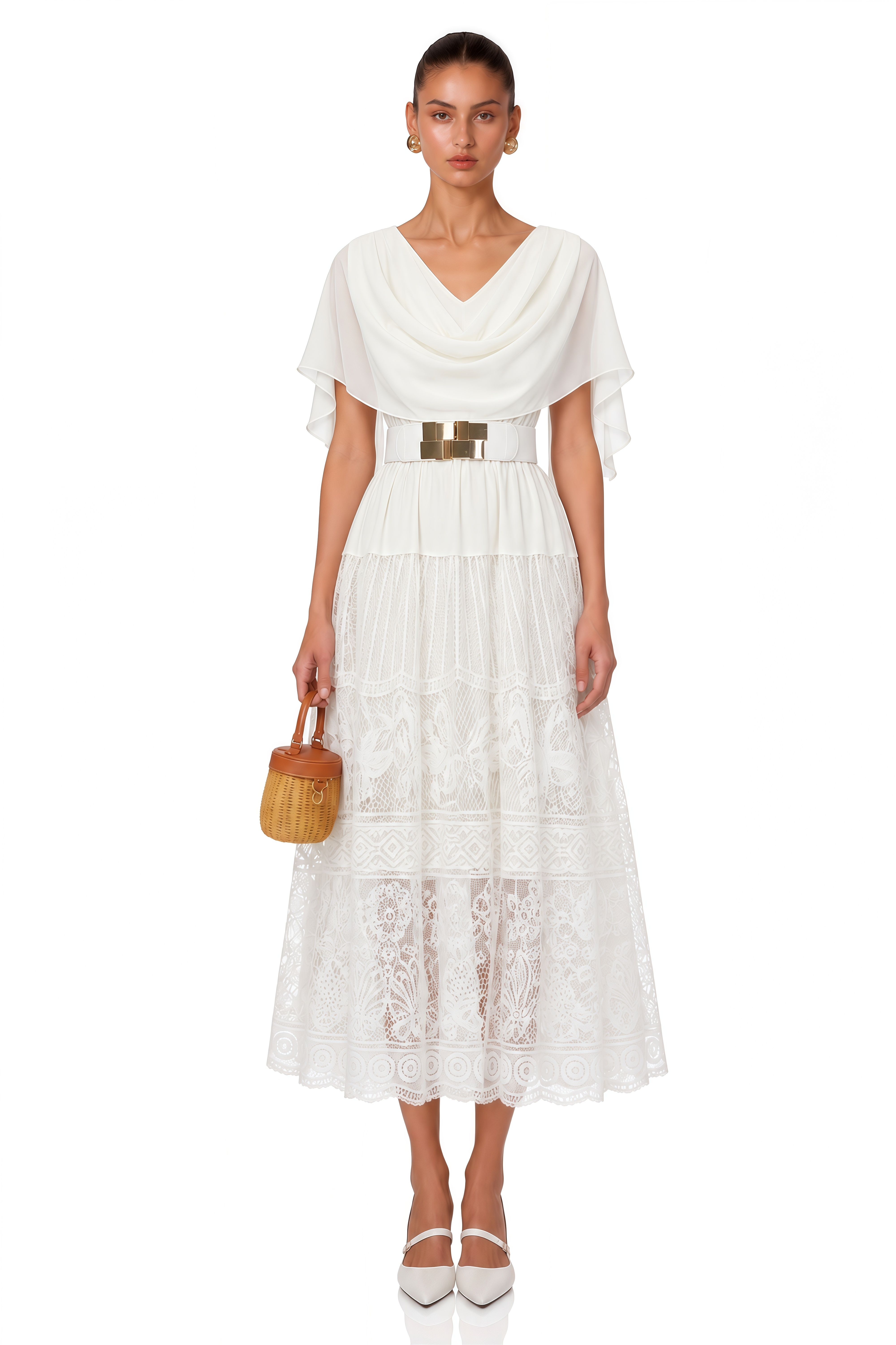 Yolaine White Cowl Neck Midi Dress with Lace Panels
