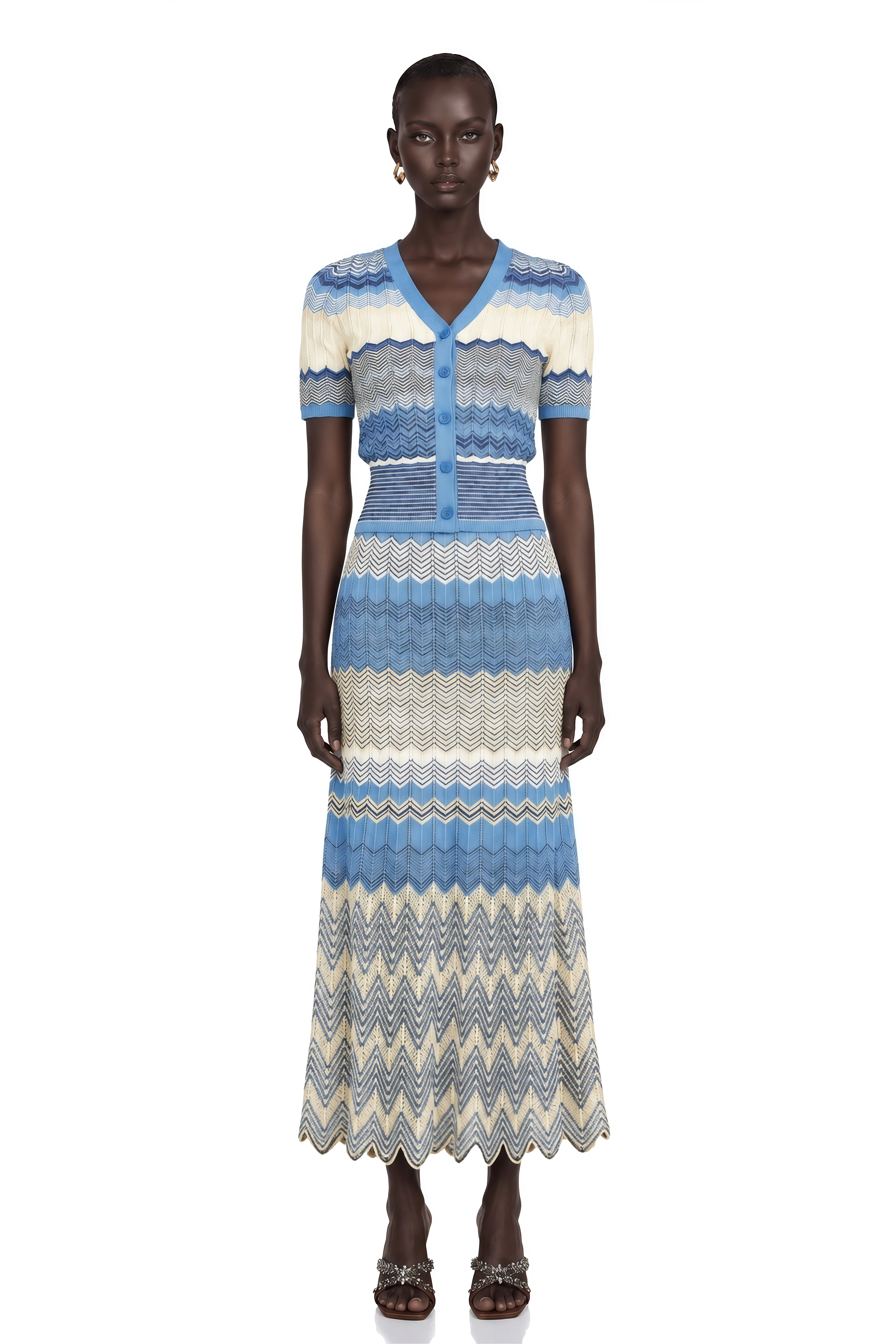 Daniela Blue Zigzag-Design Knit Top & Skirt Matching Set