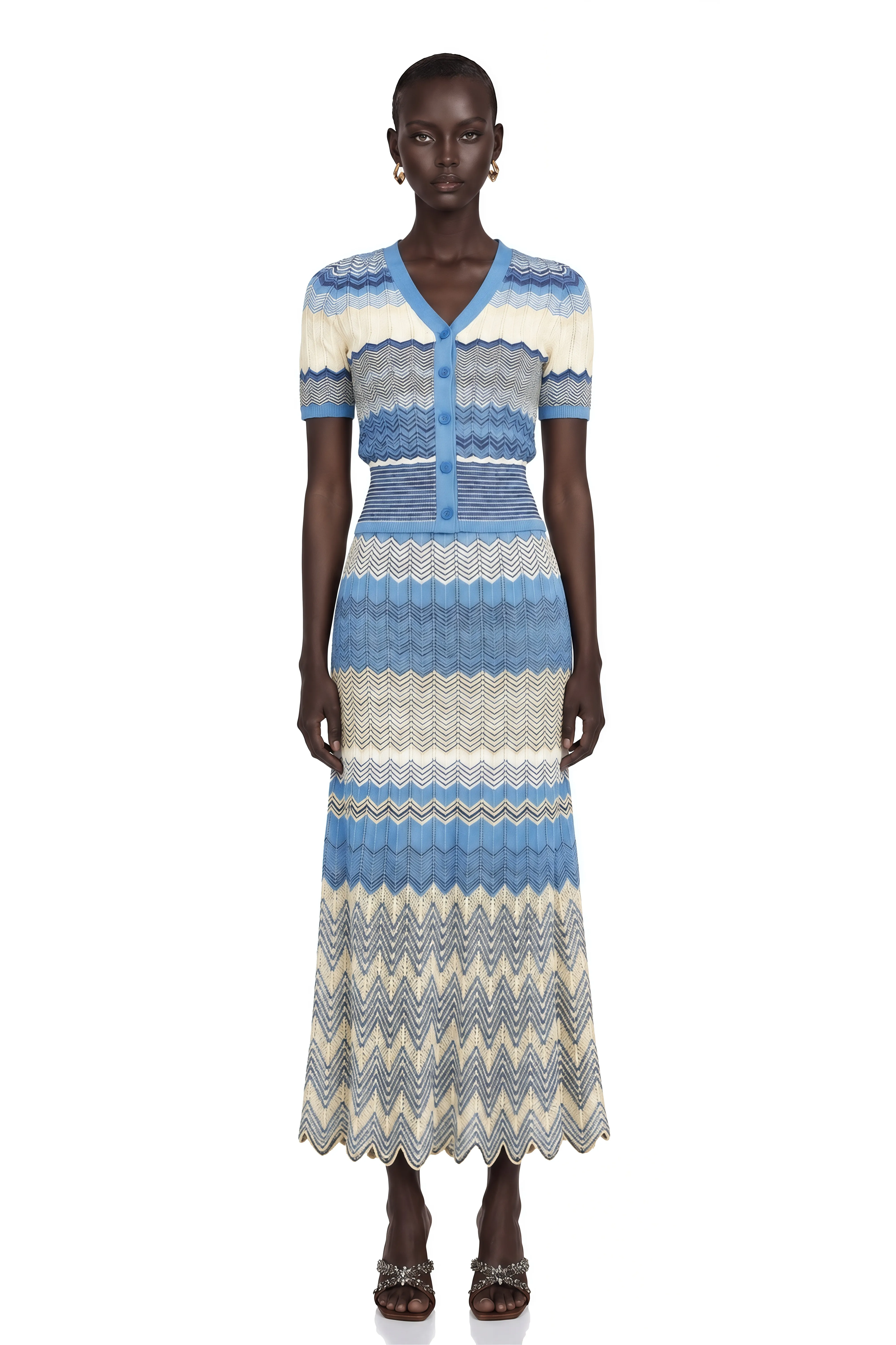Daniela Blue Zigzag-Design Knit Top & Skirt Matching Set