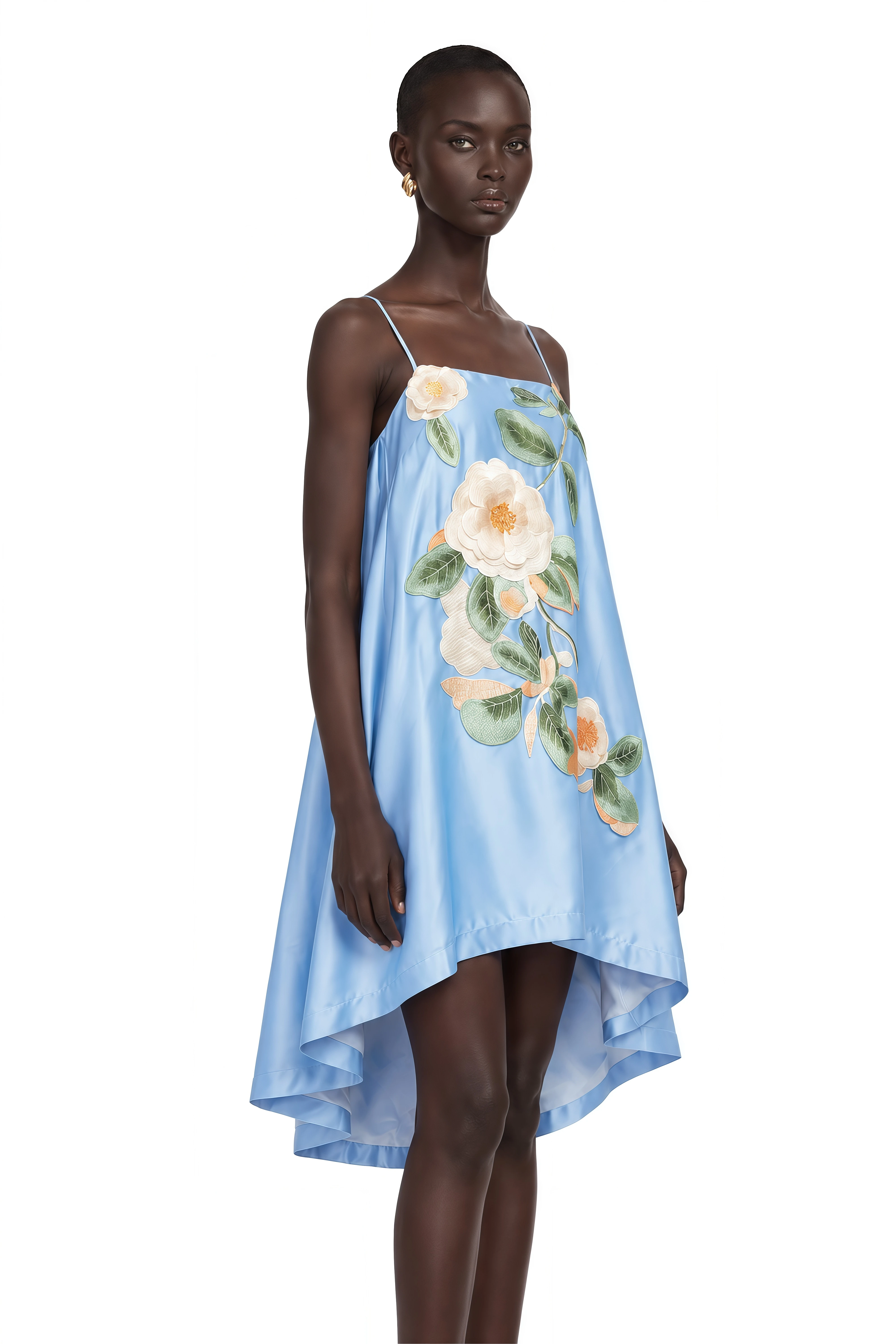 Avril Blue Floral Embroidered Satin Mini Dress