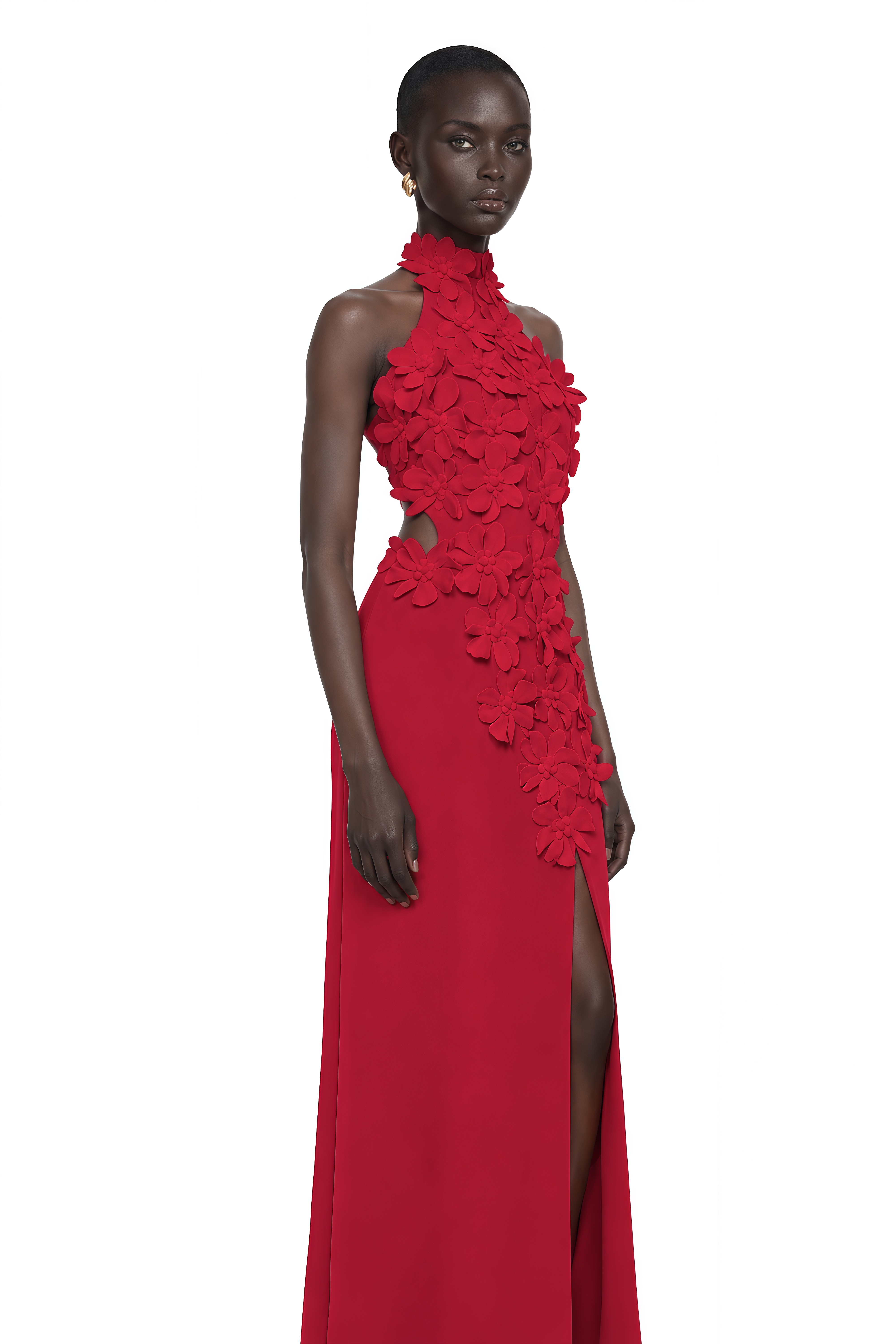 Brian Red Halterneck 3D Petal Maxi Dress