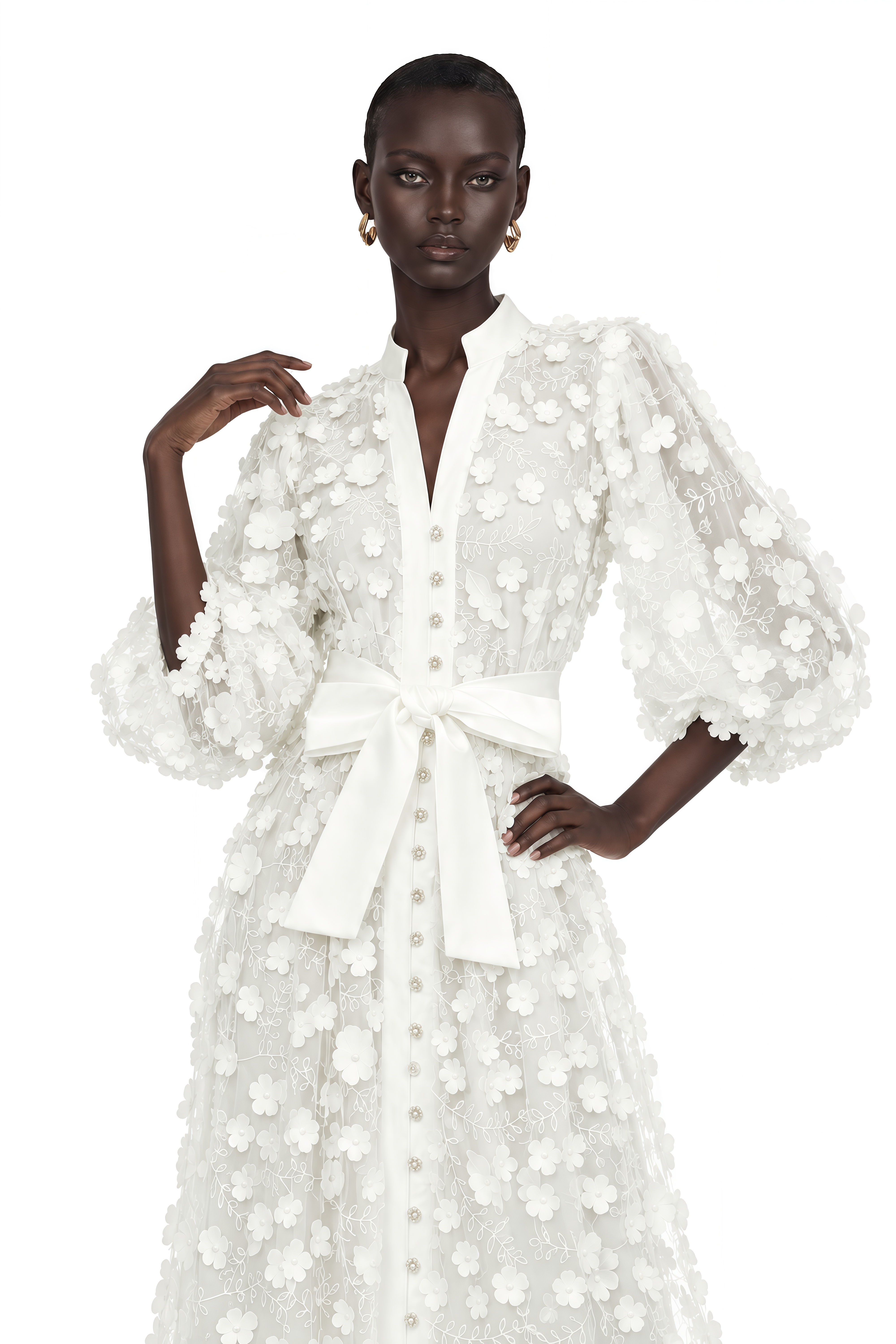 Olympia White Puff Sleeve Midi Dress with 3D Florals