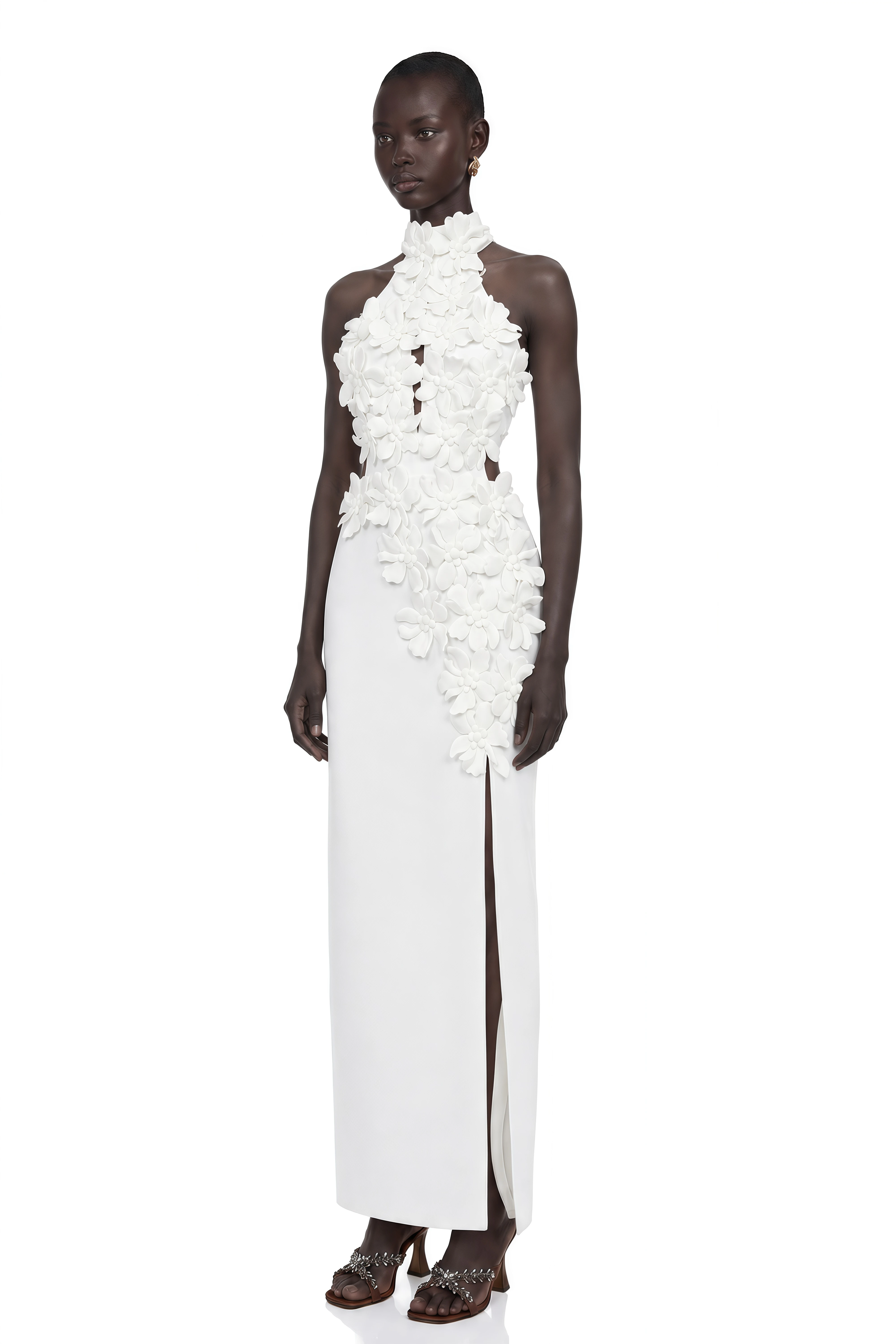 Brian White Halterneck 3D Petal Maxi Dress
