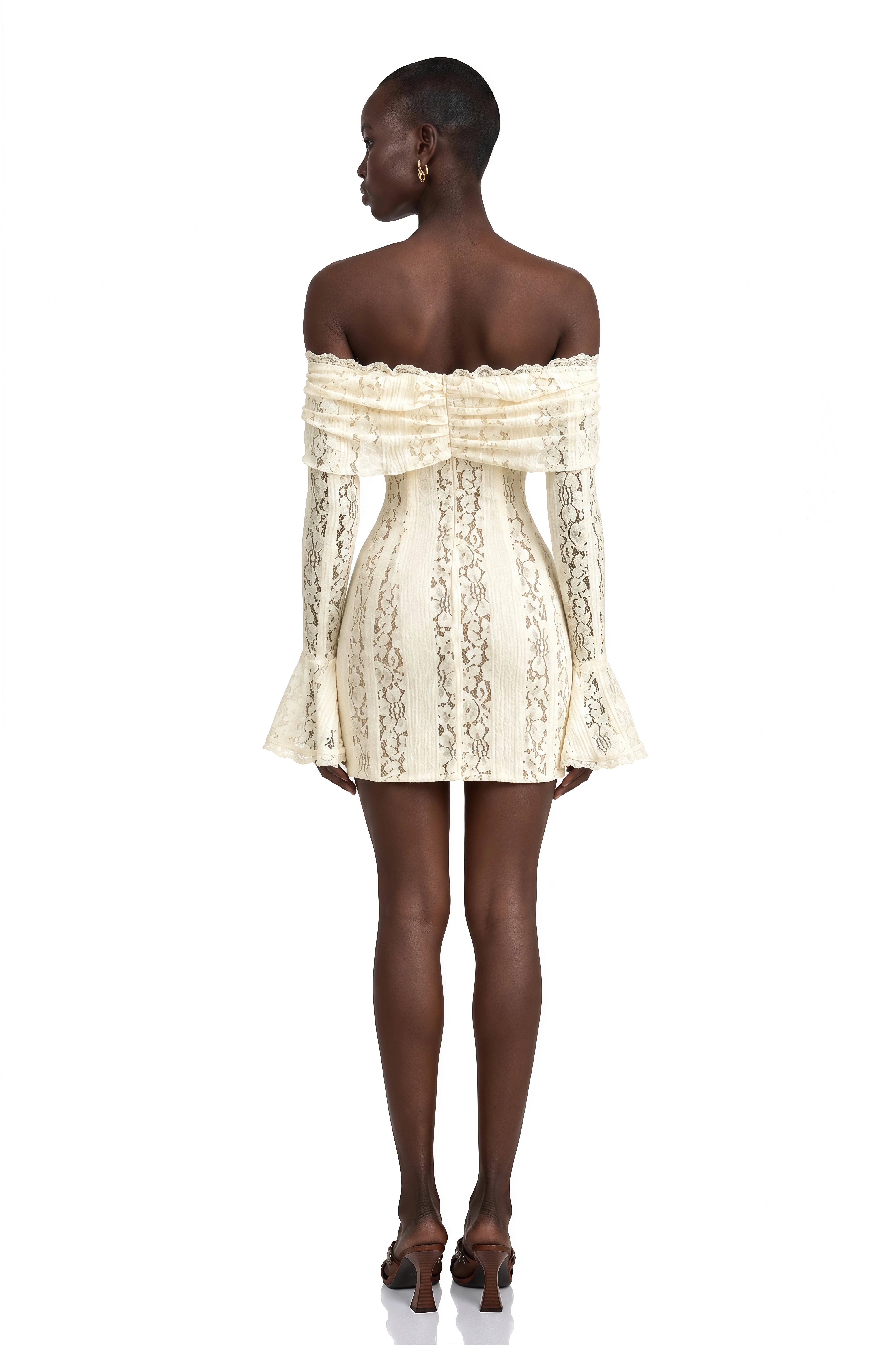 Émeline Floral Lace Flared-Cuff Mini Dress in Neutrals