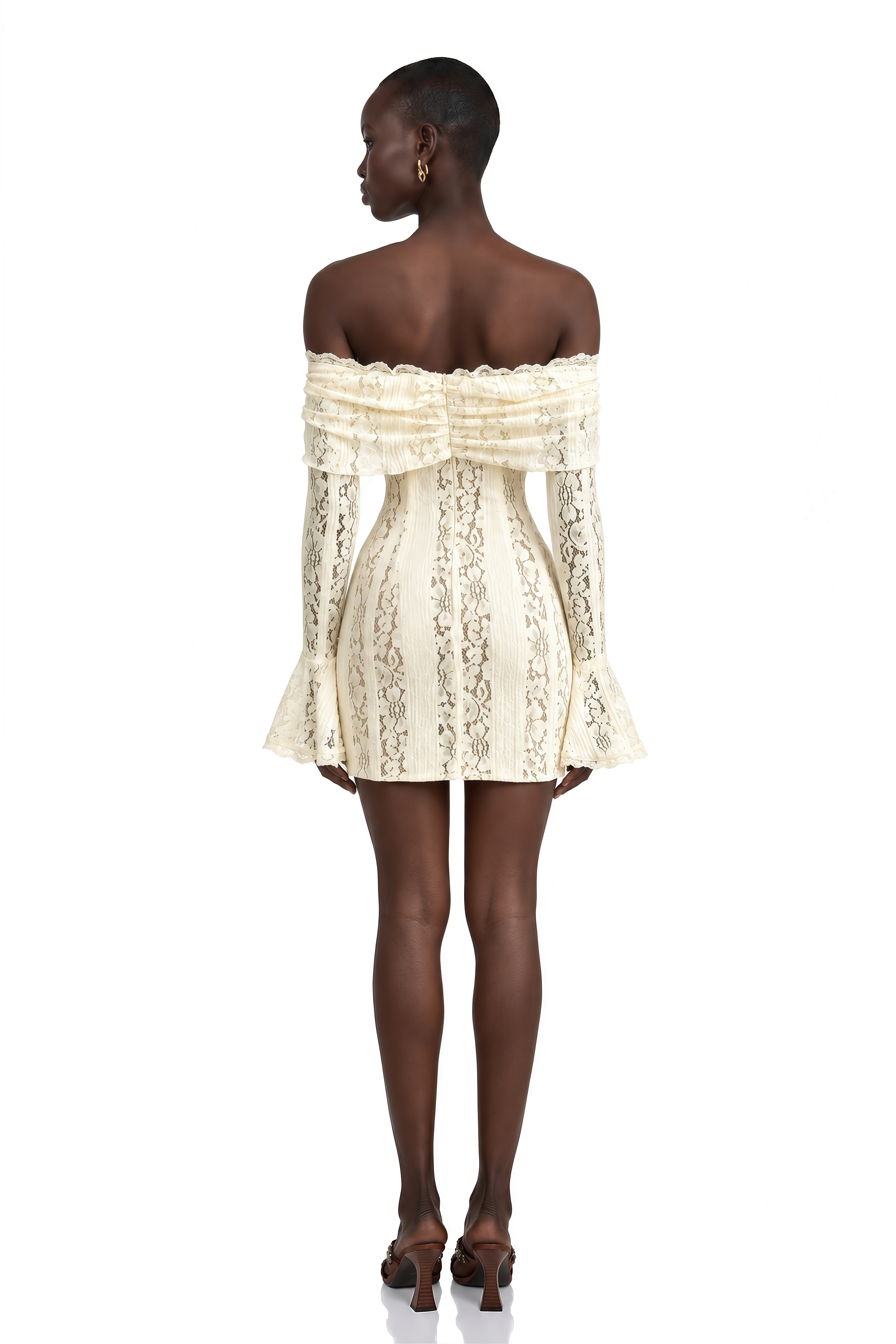 Émeline Floral Lace Flared-Cuff Mini Dress in Neutrals