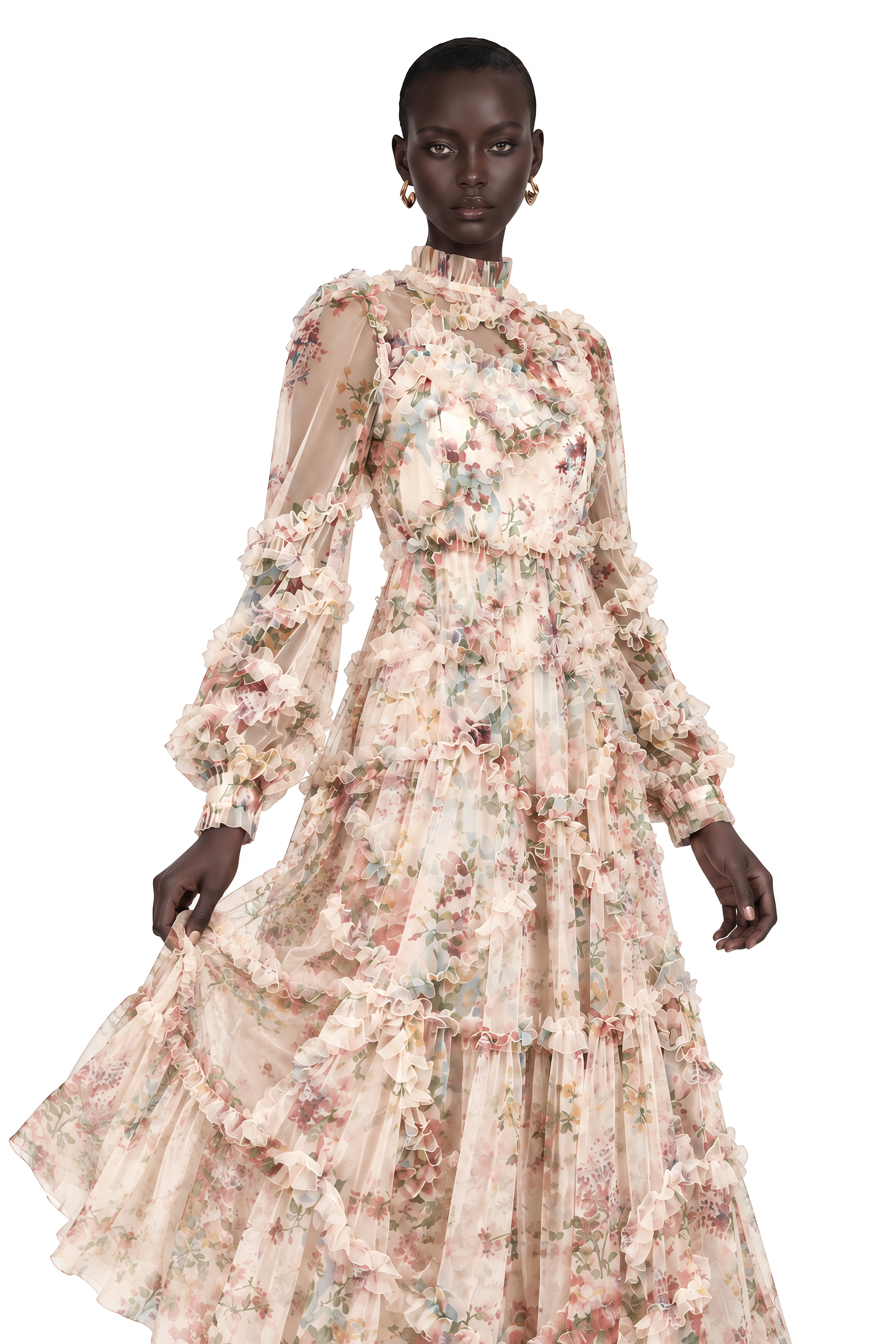 Candice Floral Ruffled Tulle Midi Dress