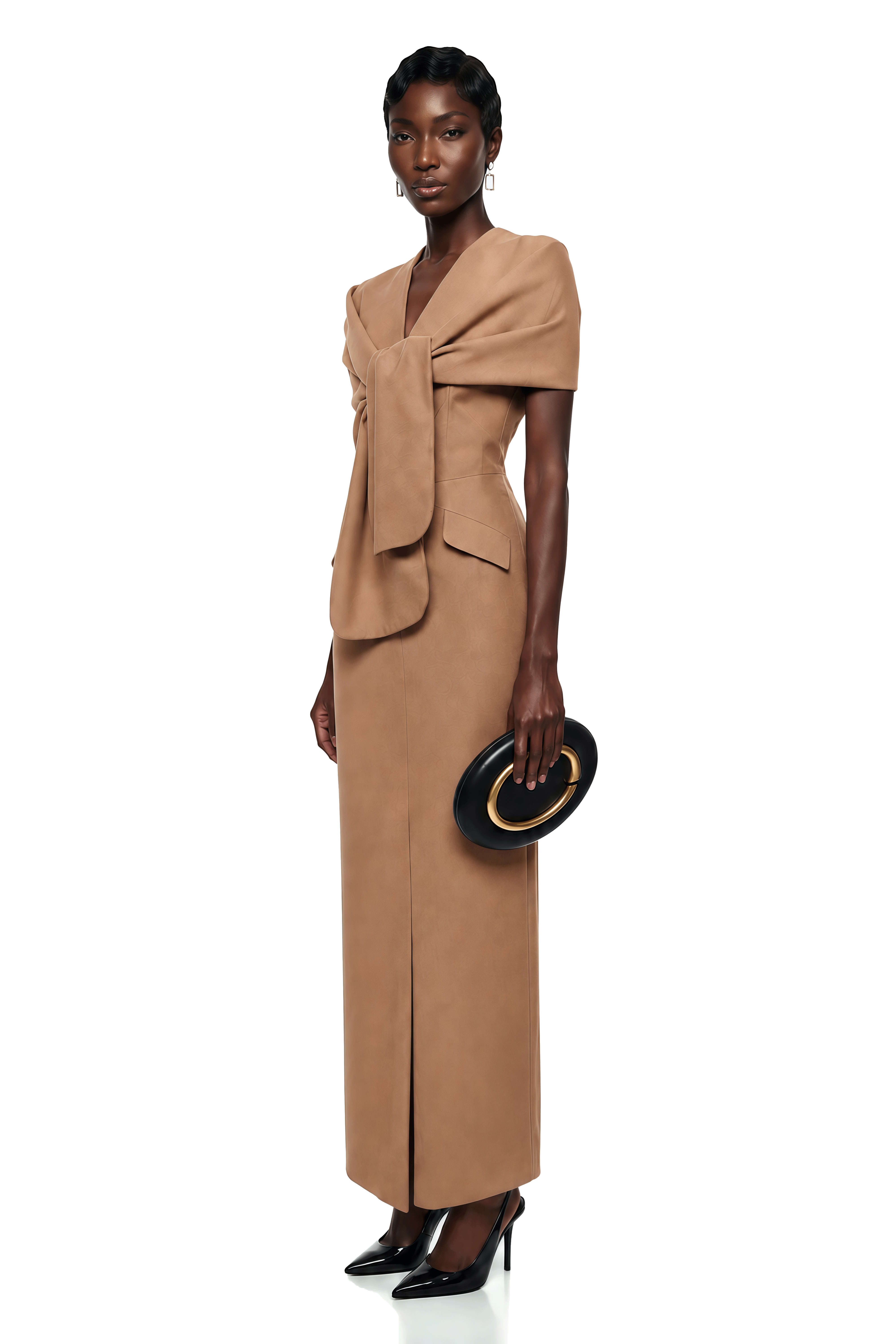 Fahire Brown Plunge Neck Midi Dress with Self-Tie