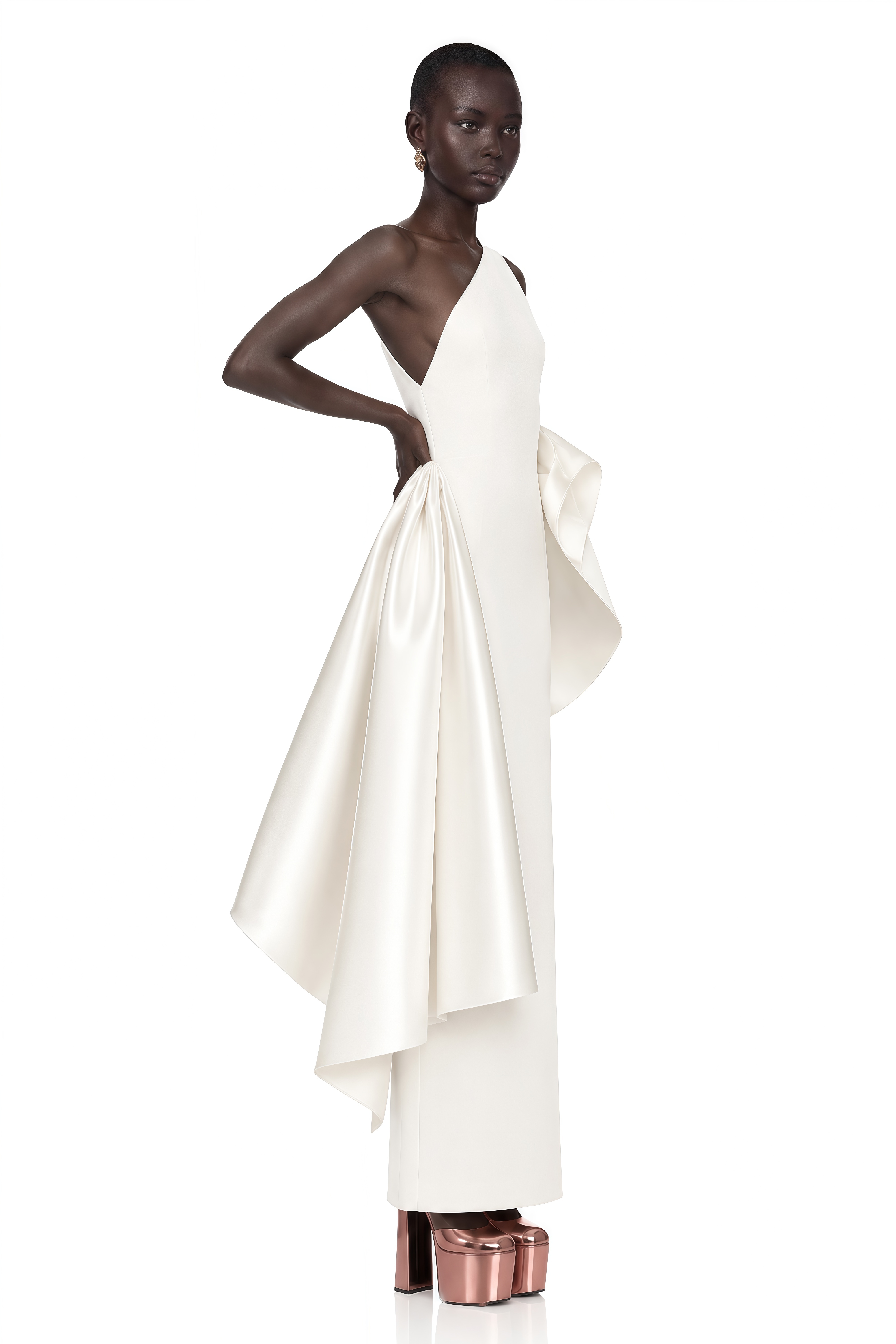 Arya Ivory One Shoulder Sculptural Draped Maxi Dress