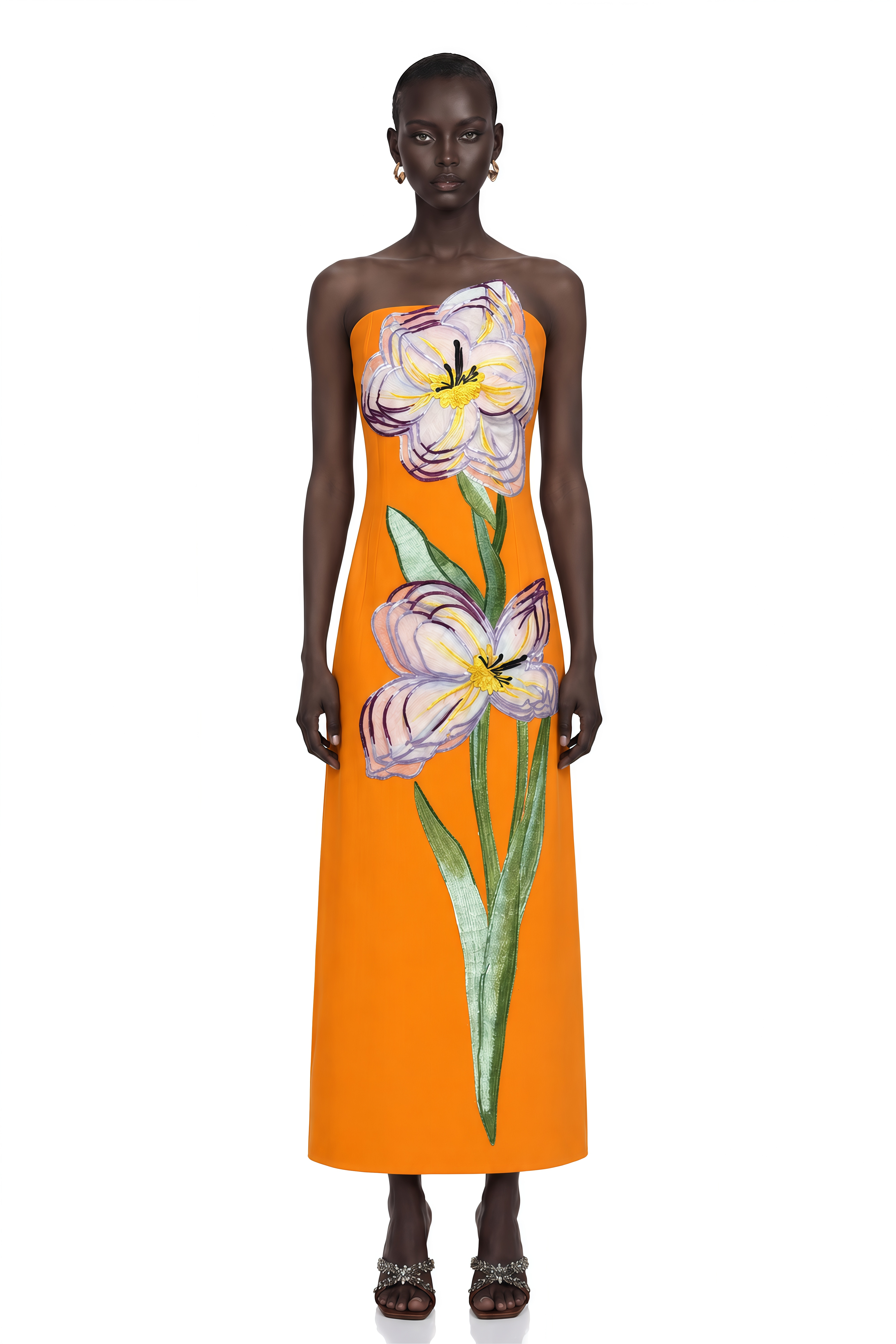 Irène Sequin Embroidered Off-Shoulder Midi Dress in Orange