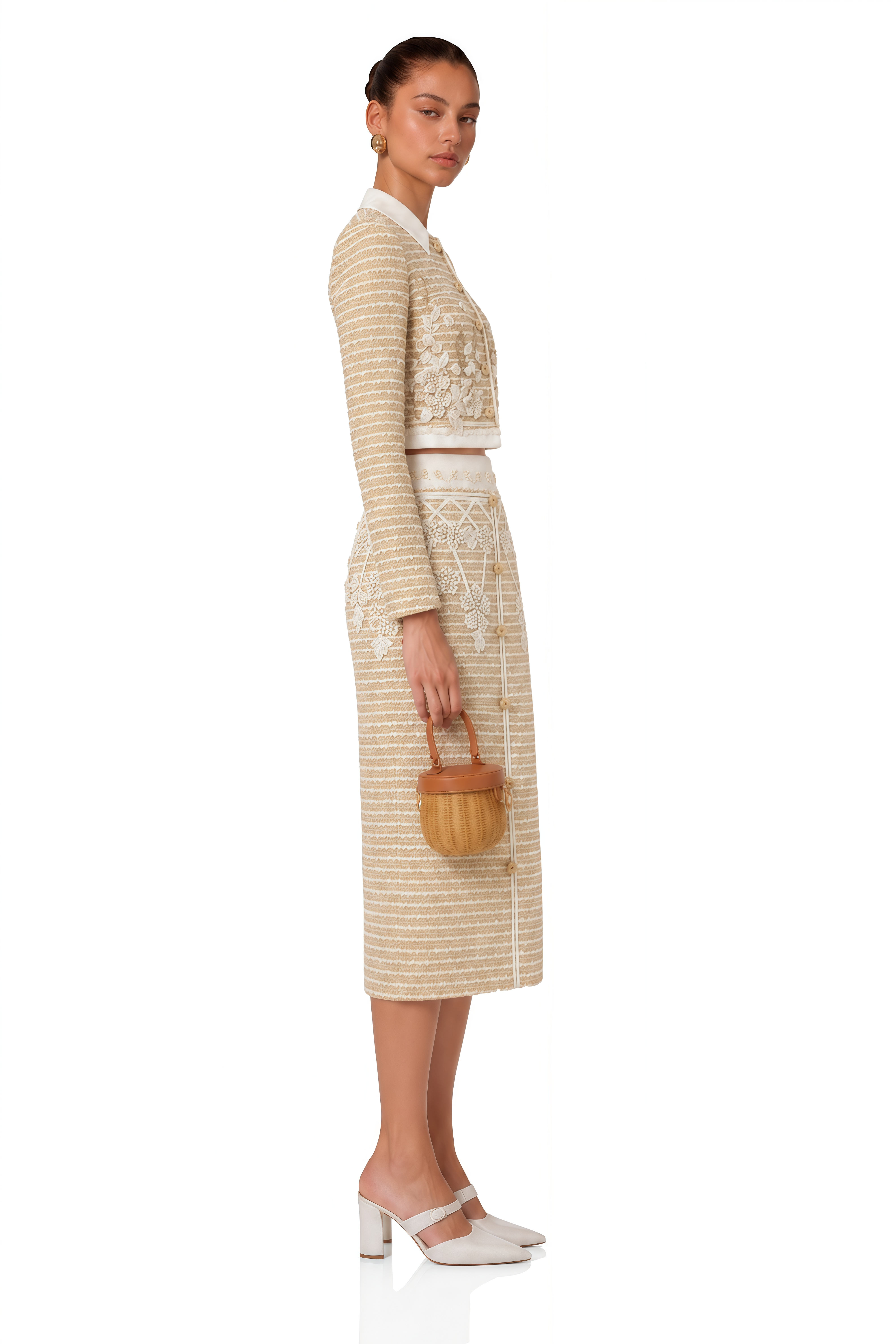 Catalina Neutral Floral Jacquard Tweed Jacket & Skirt Set