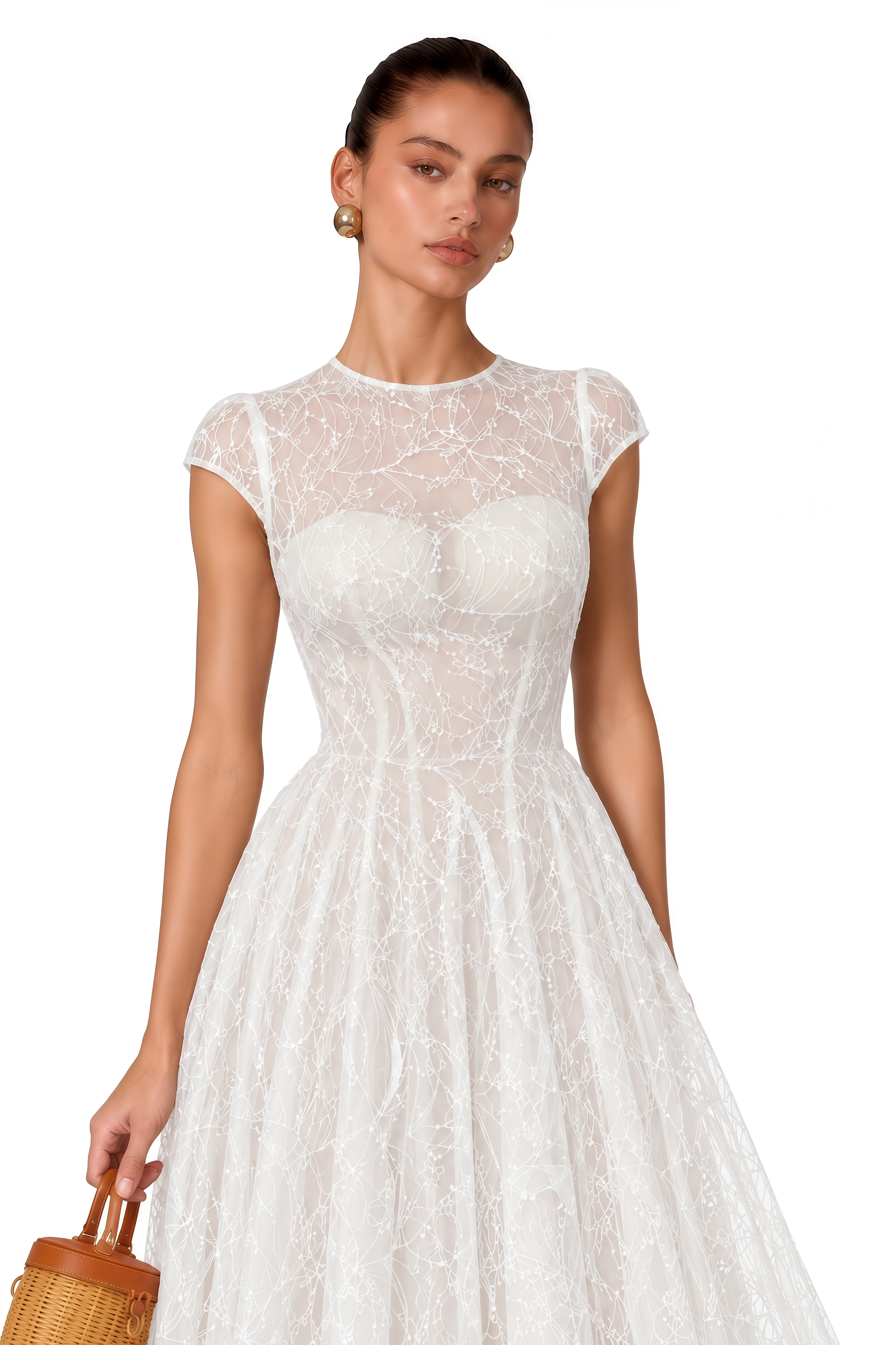 Velia White Lace Glitter Tulle Maxi Gown