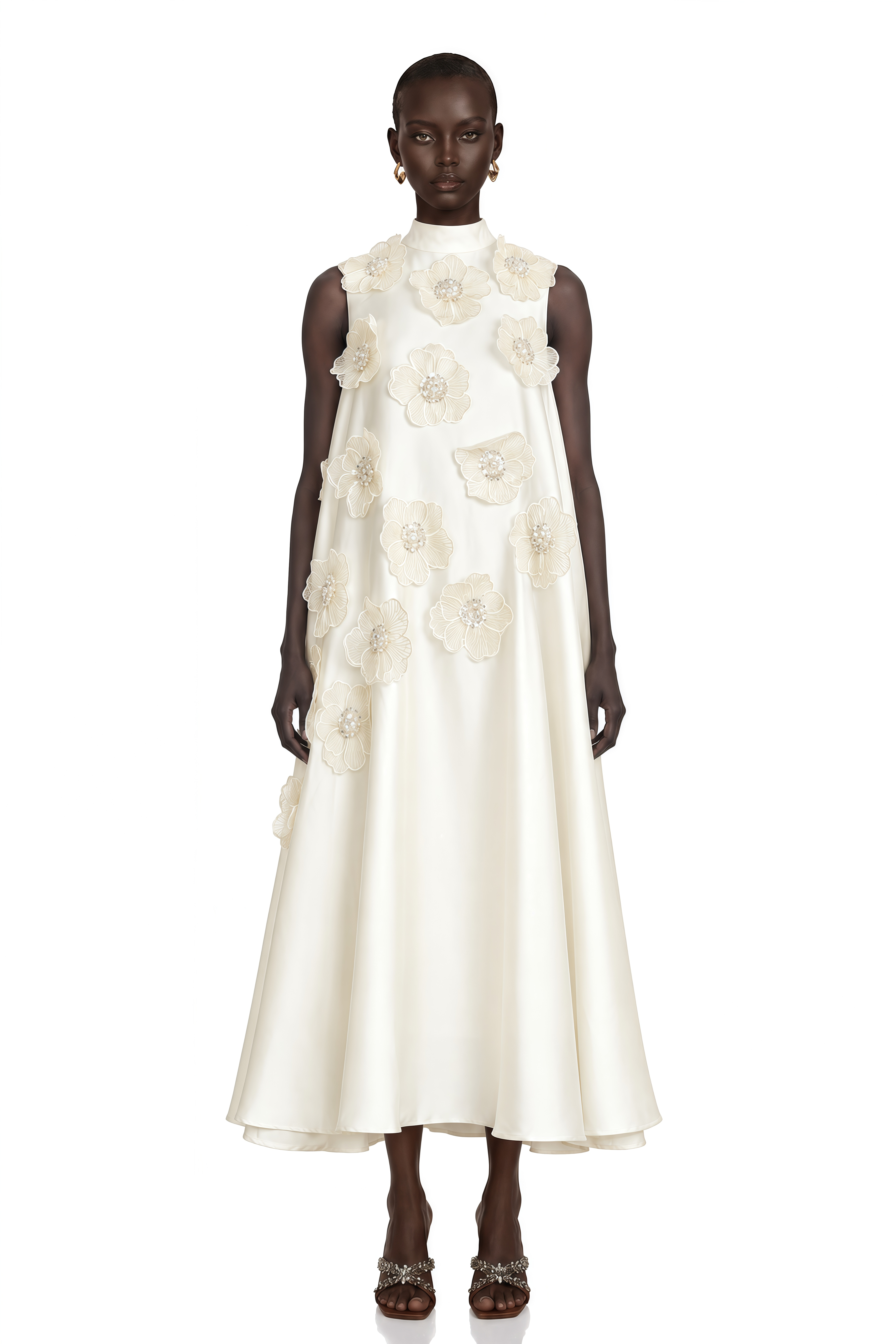 Émilie Sleeveless Floral-Applique Midi Dress in White