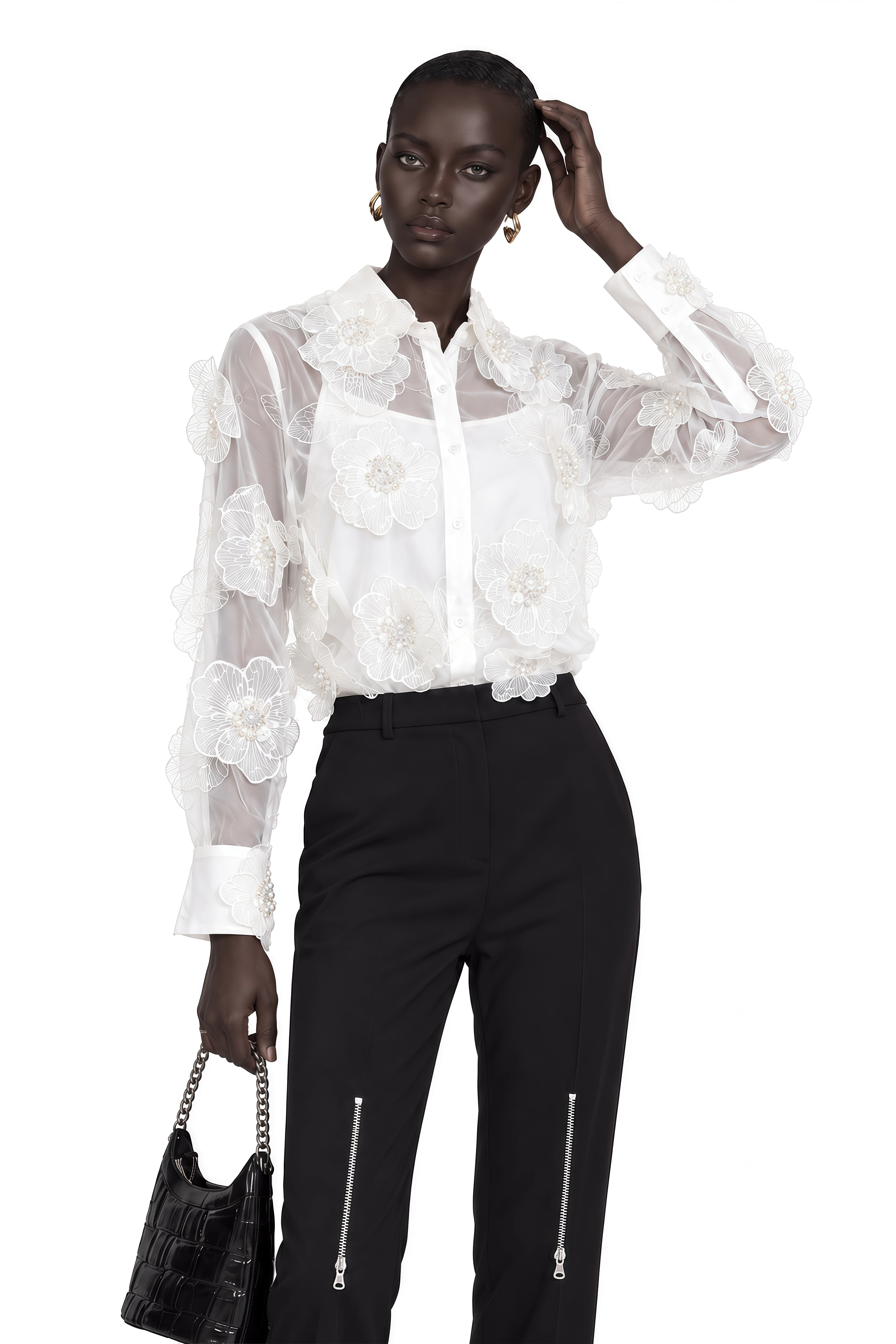 Béatrix White Embellished Semi-Sheer Shirt