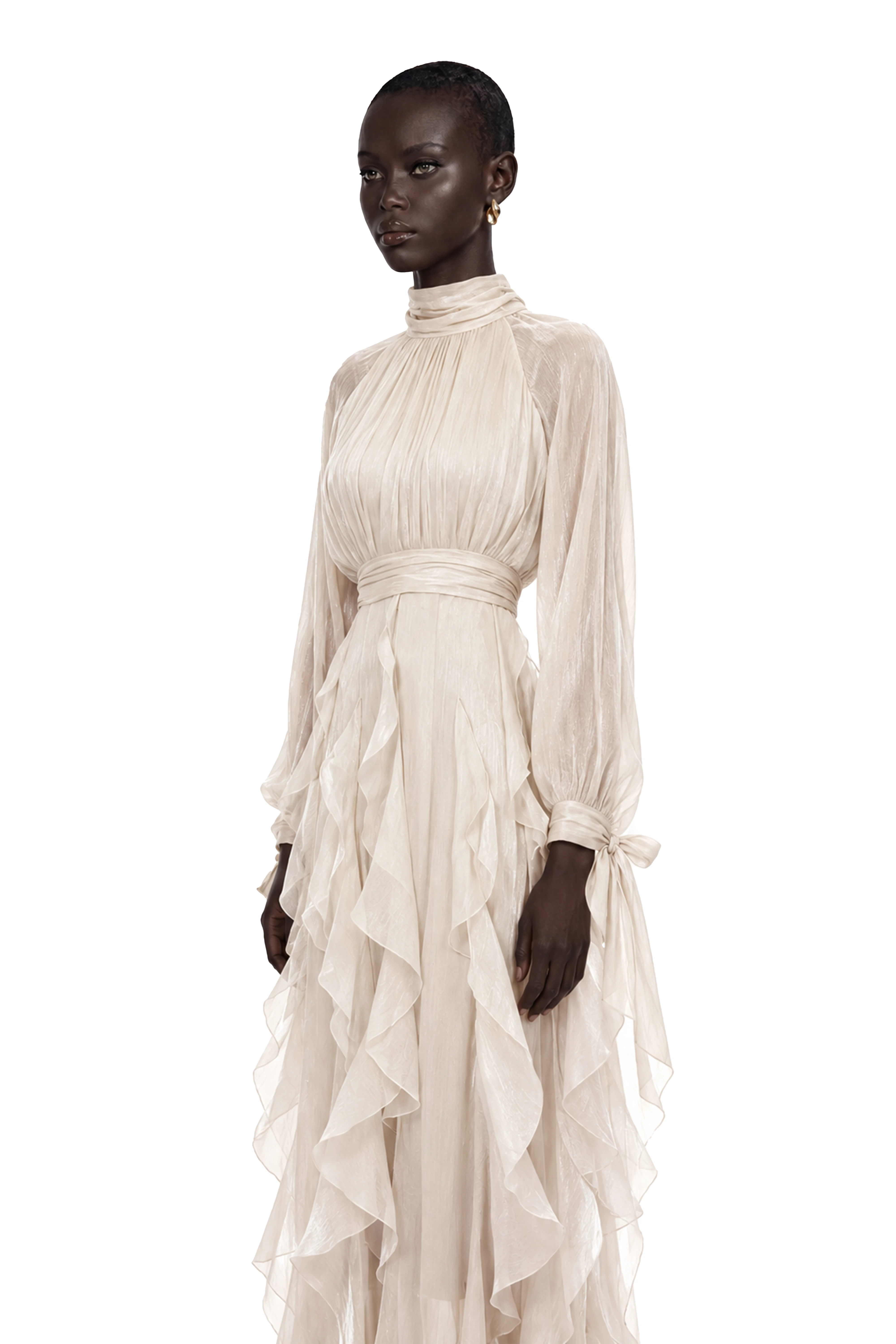Zélie Neutral Glossy Pleated Ruffled Maxi dress