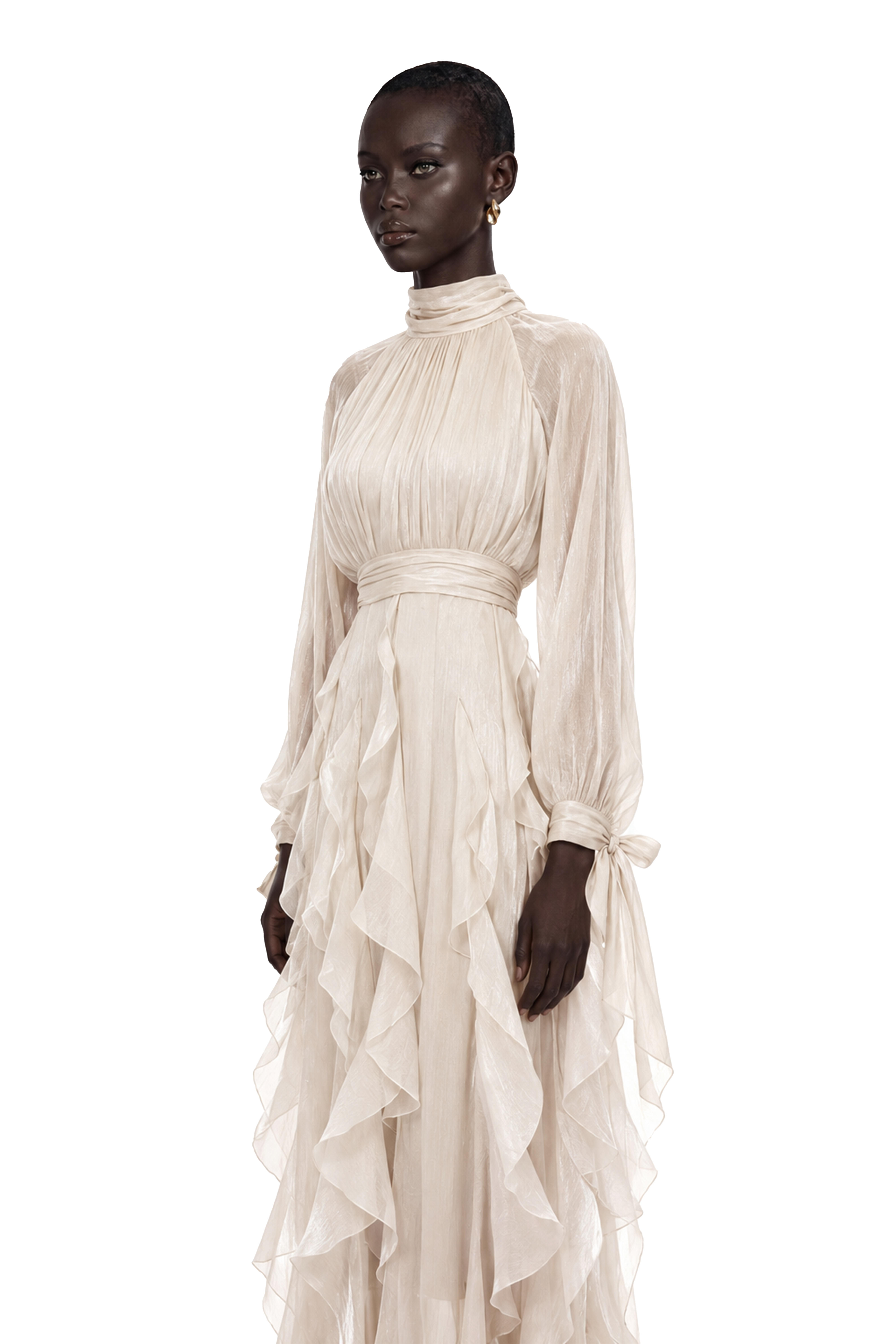 Zélie Neutral Glossy Pleated Ruffled Maxi dress