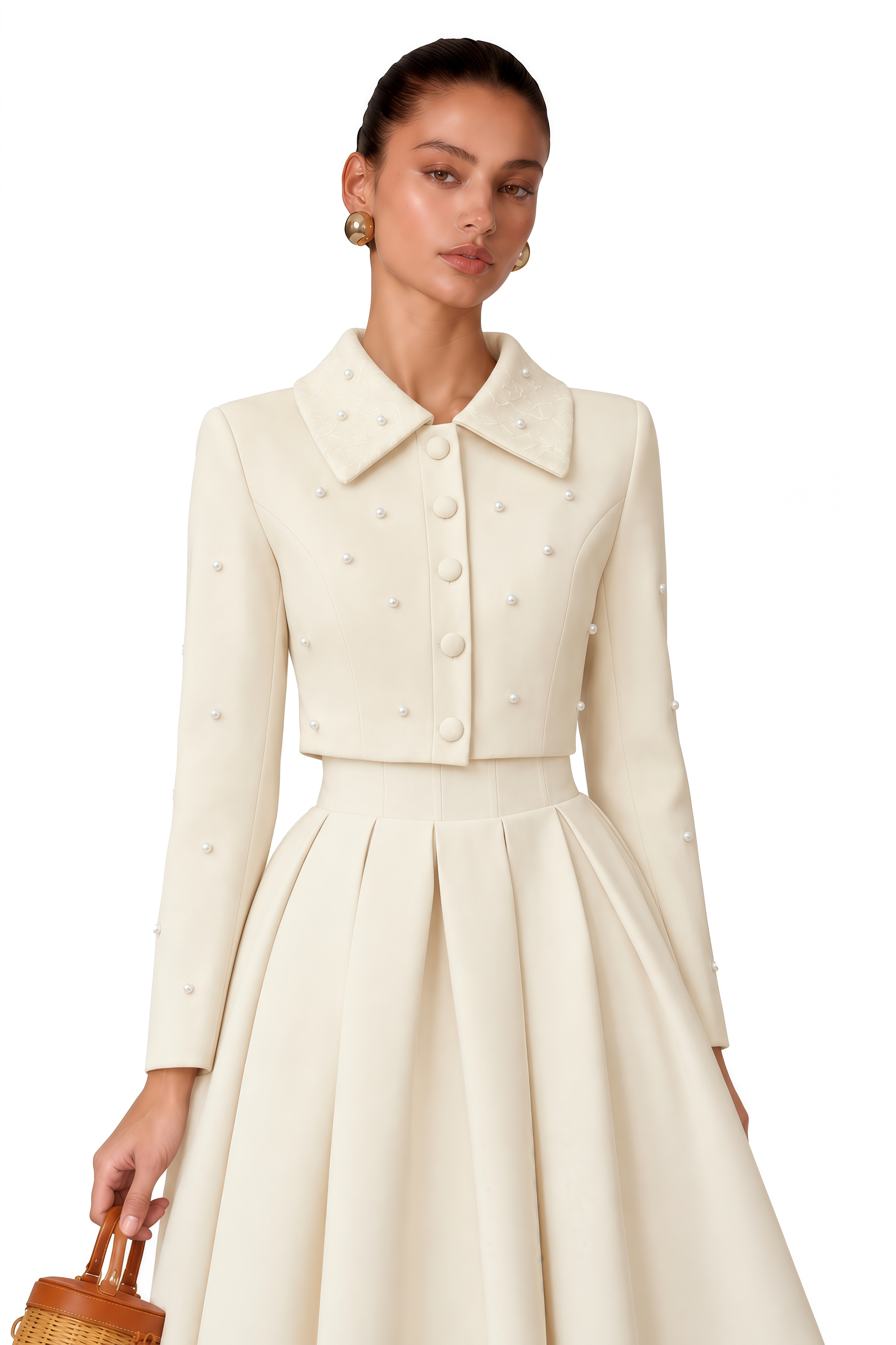 Maja White Faux Pearl Jacket & Pleated Skirt Set