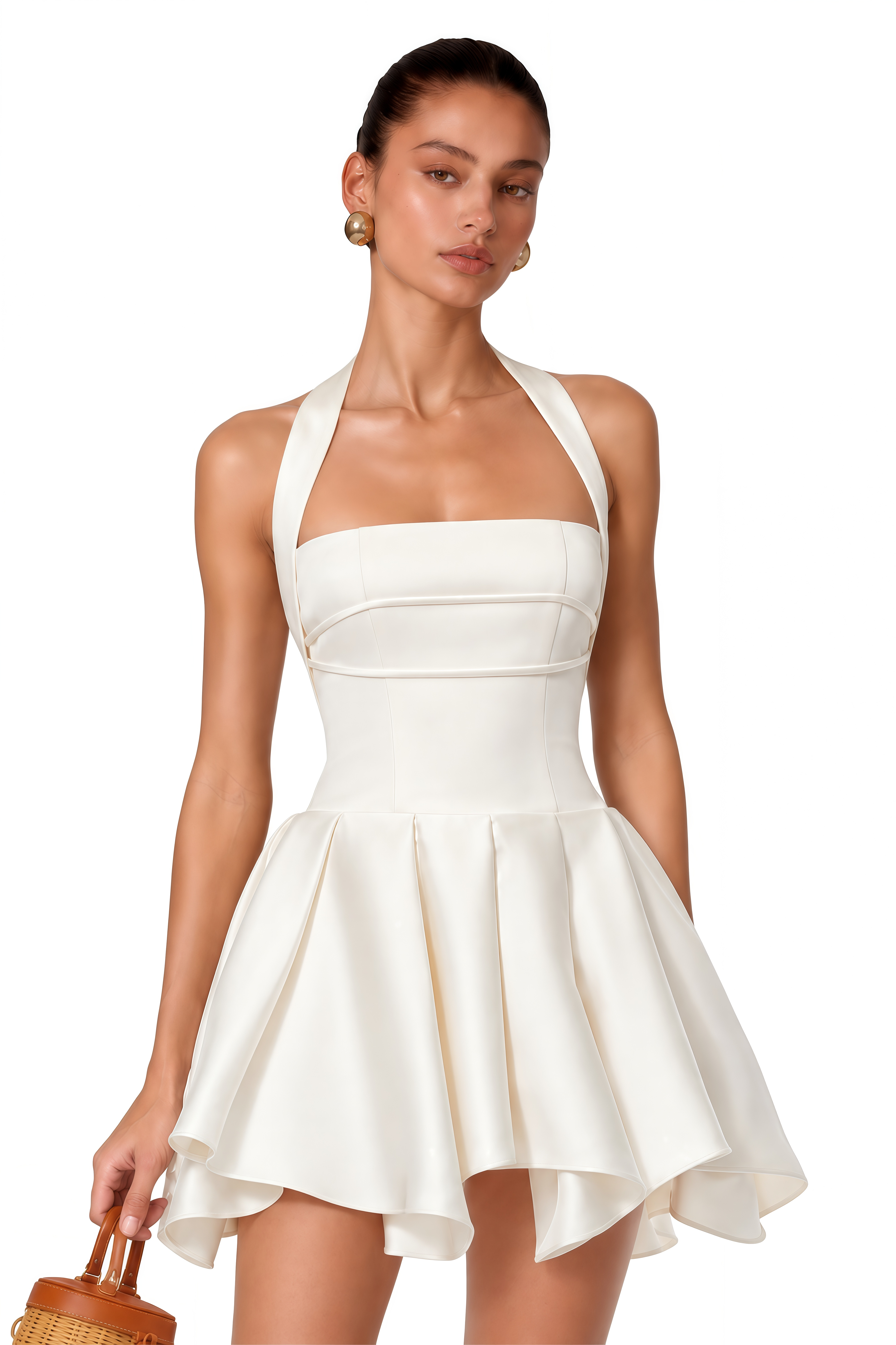 Ata White Halterneck Ruffled Mini Dress