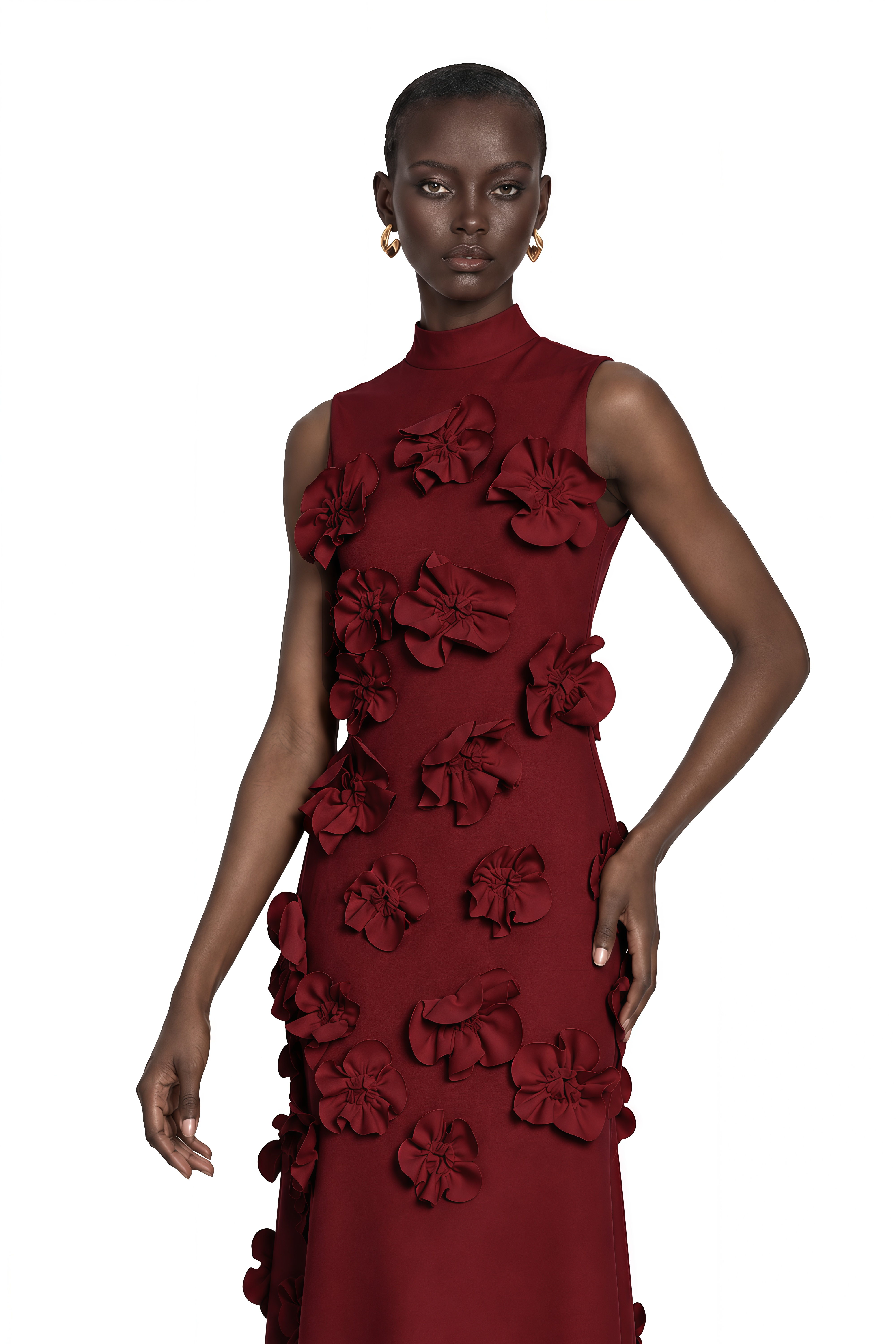 Magali Red Sleeveless Maxi Dress with Faux Flower & Bow-Tie Embellishment