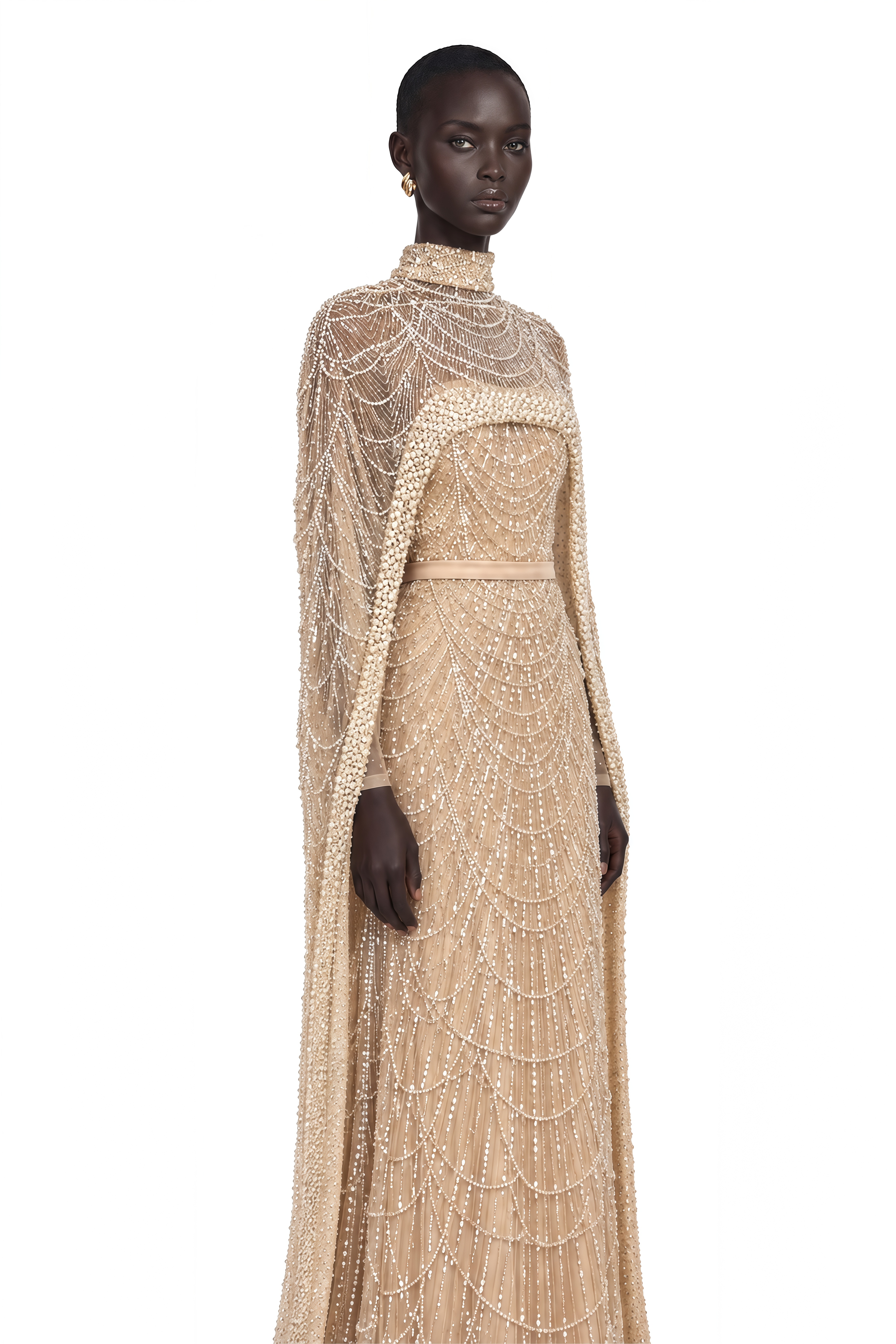 Frederica Champagne Beaded Cape & Gown Matching Set