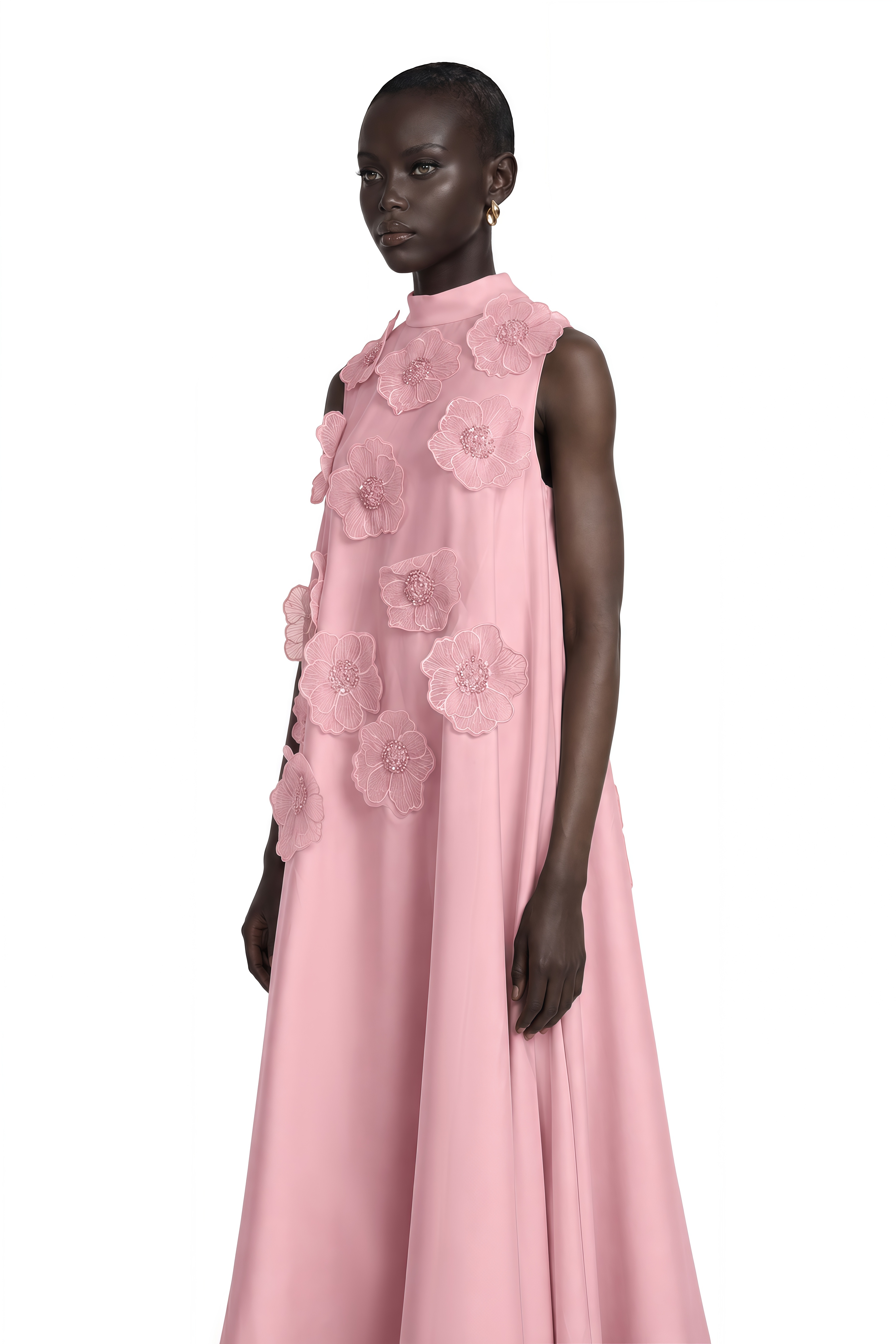 Émilie Sleeveless Floral-Applique Midi Dress in Pink