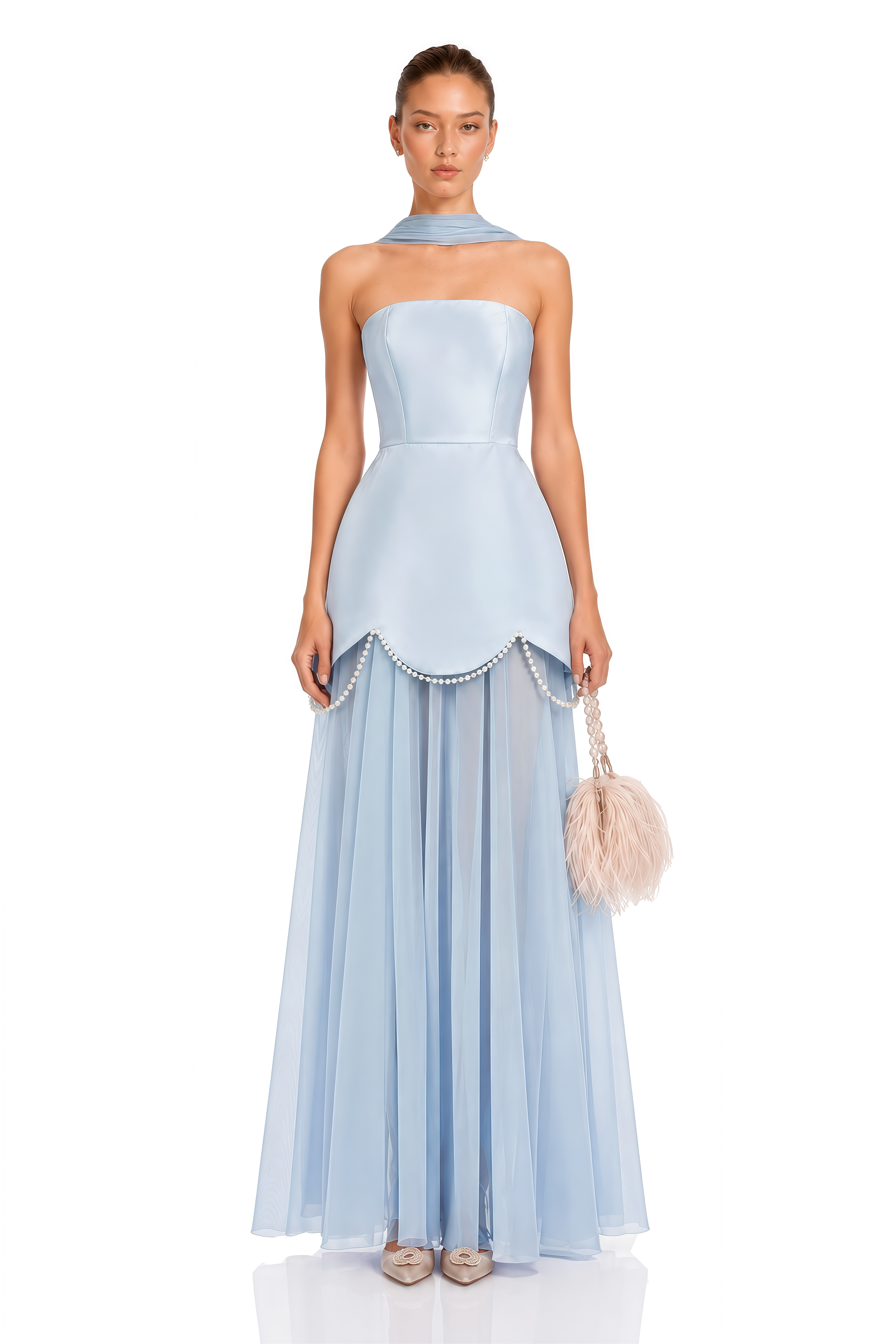Iphigenia Light Blue Strapless Maxi Dress with Scallop Trim