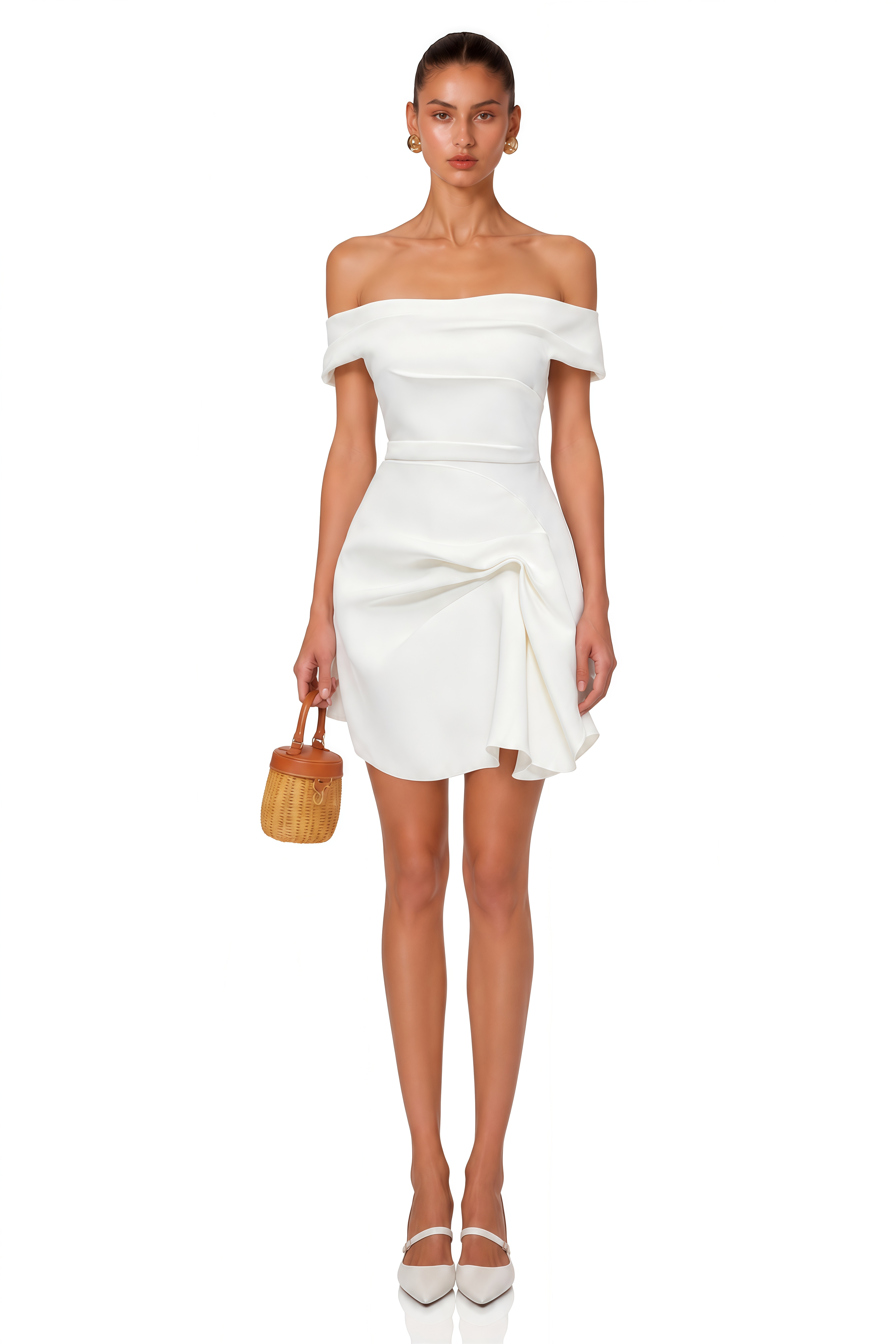 Imogen White Off Shoulder Draped Mini Dress with Ruffles