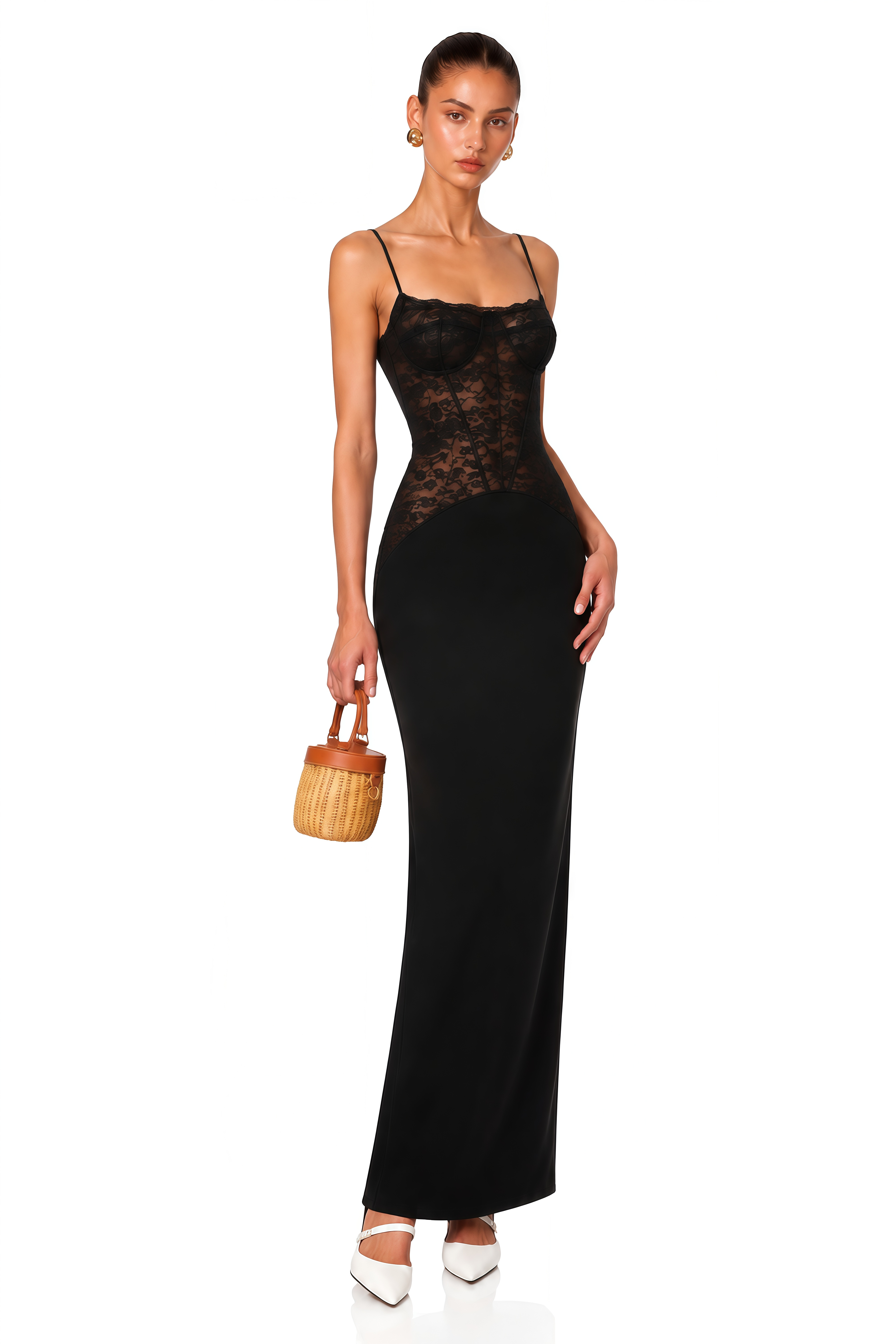 Eleanor Black Sweetheart Lace Panel Maxi Dress