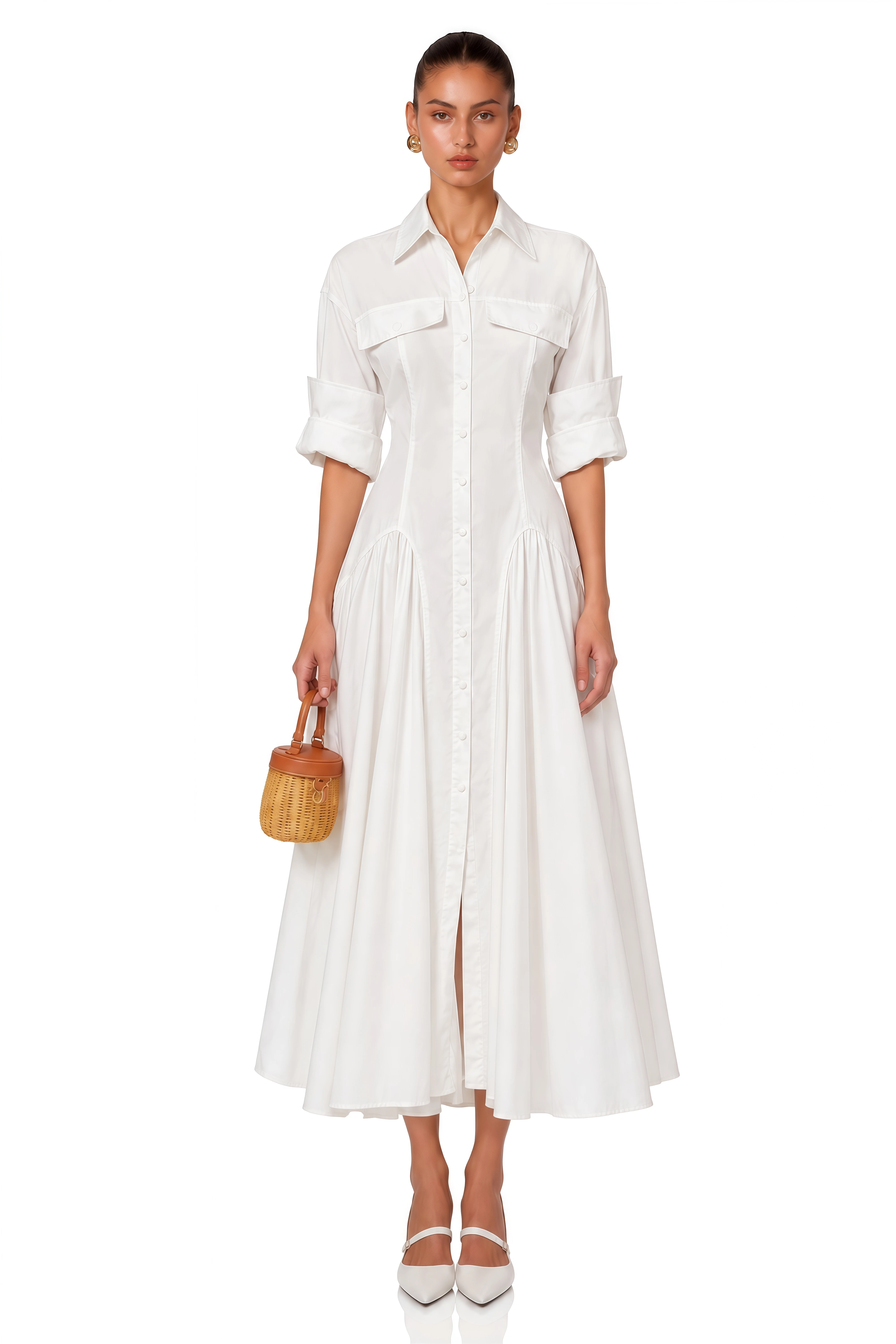 Dulcie White Front-Slit Shirred Shirt Dress