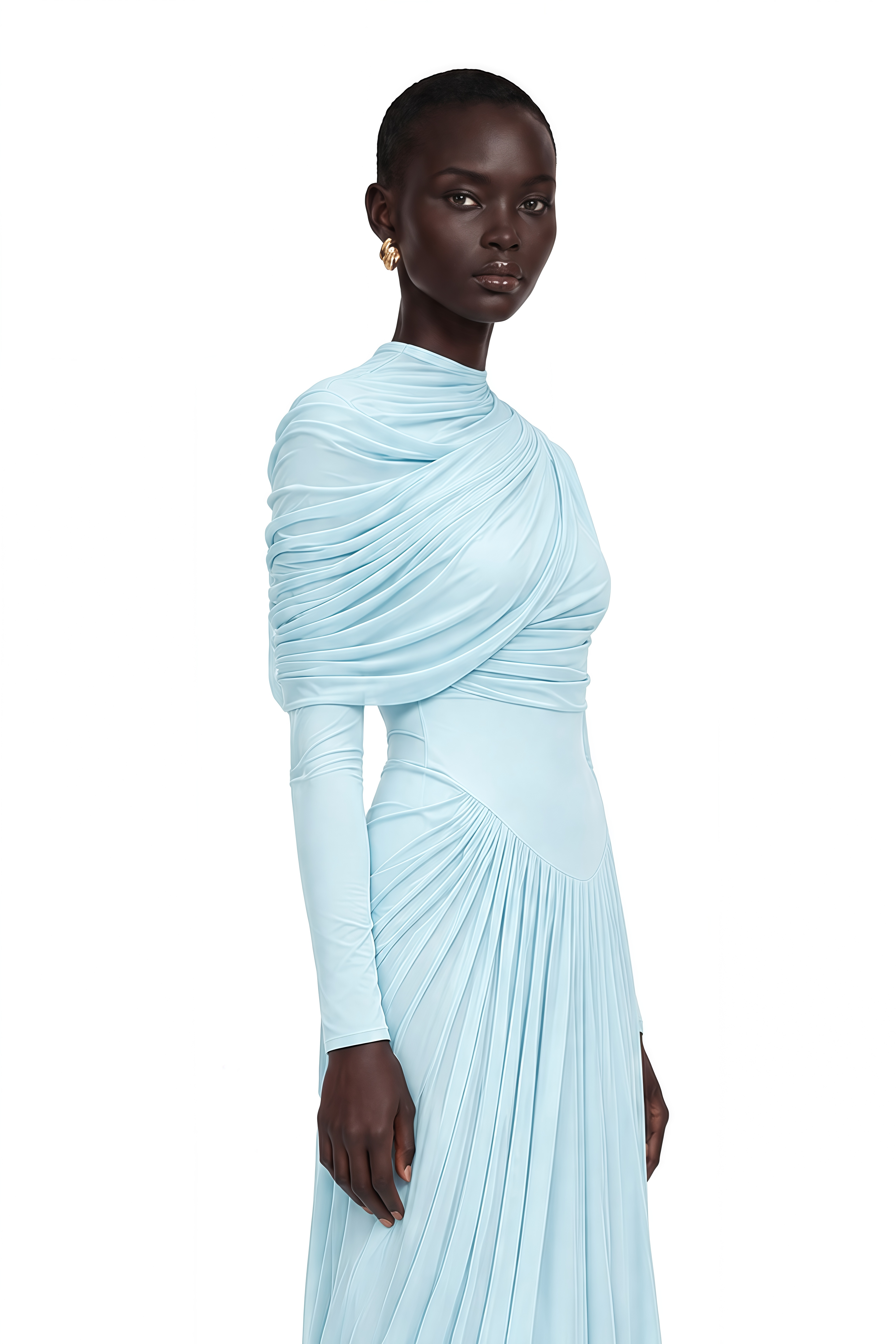 Catherine Baby-Blue Asymmetrical Pleated Long-Sleeve Maxi Dress