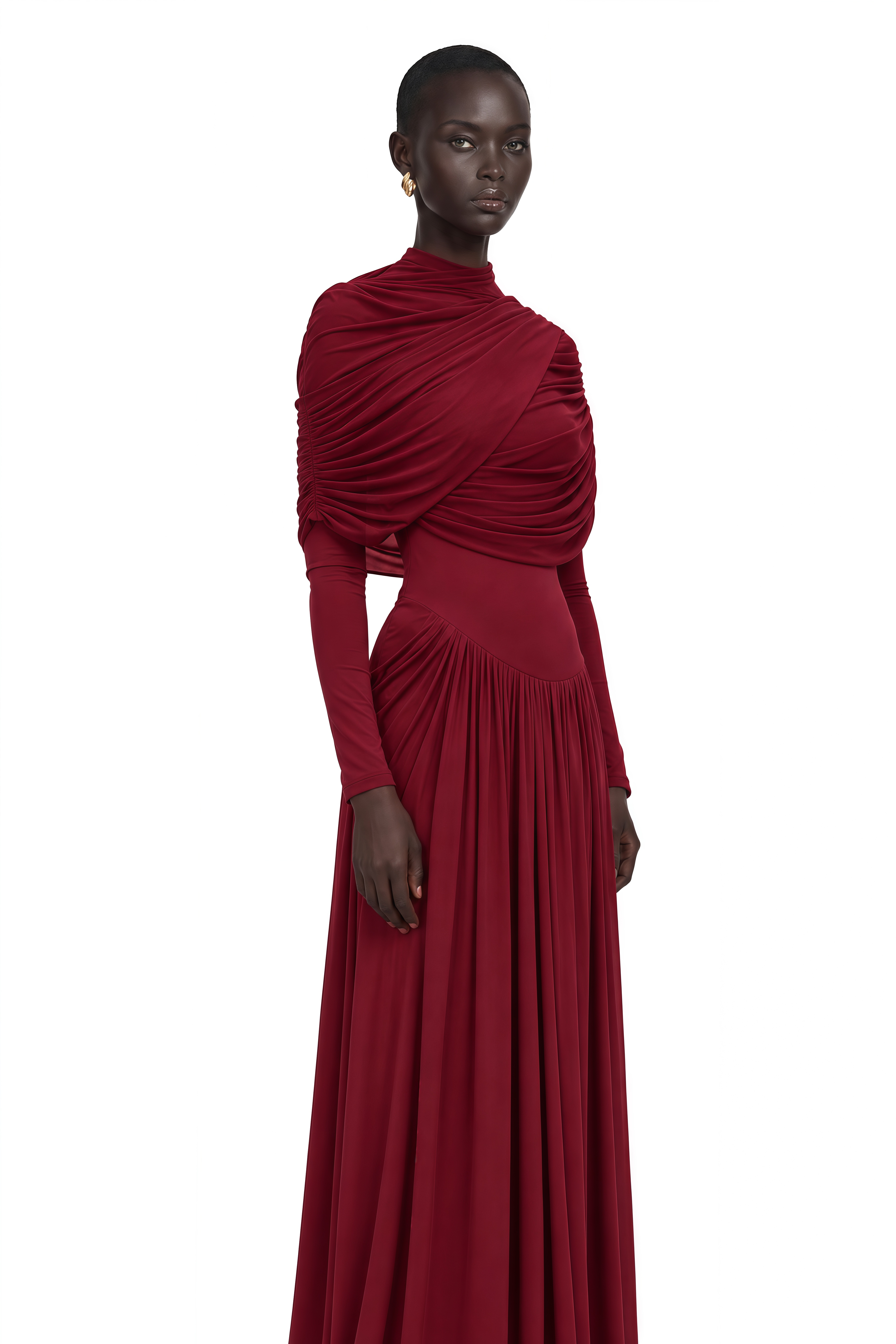 Catherine Red Asymmetrical Pleated Long-Sleeve Maxi Dress