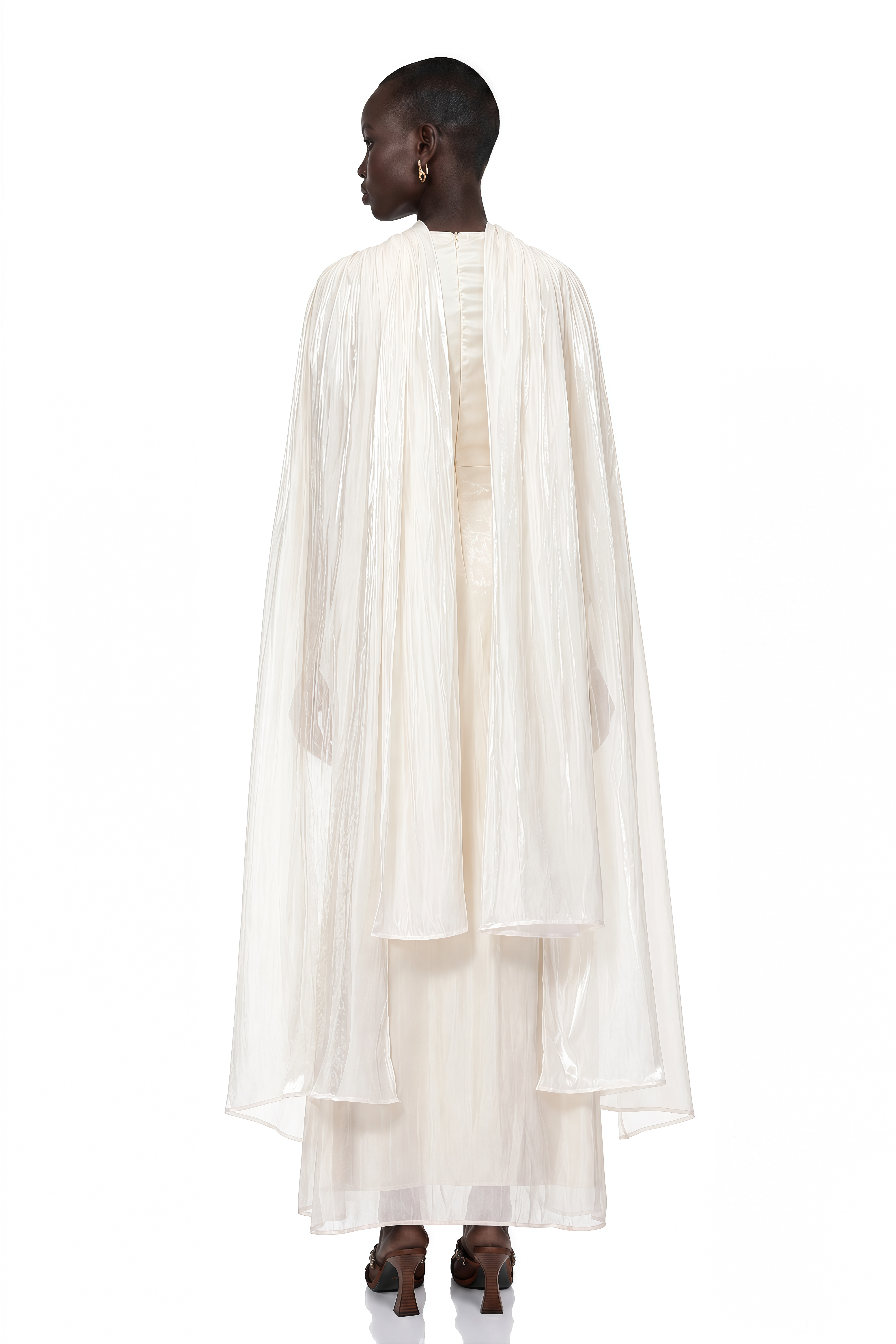 Hege Cream Glossy Ruched Cape Maxi Dress