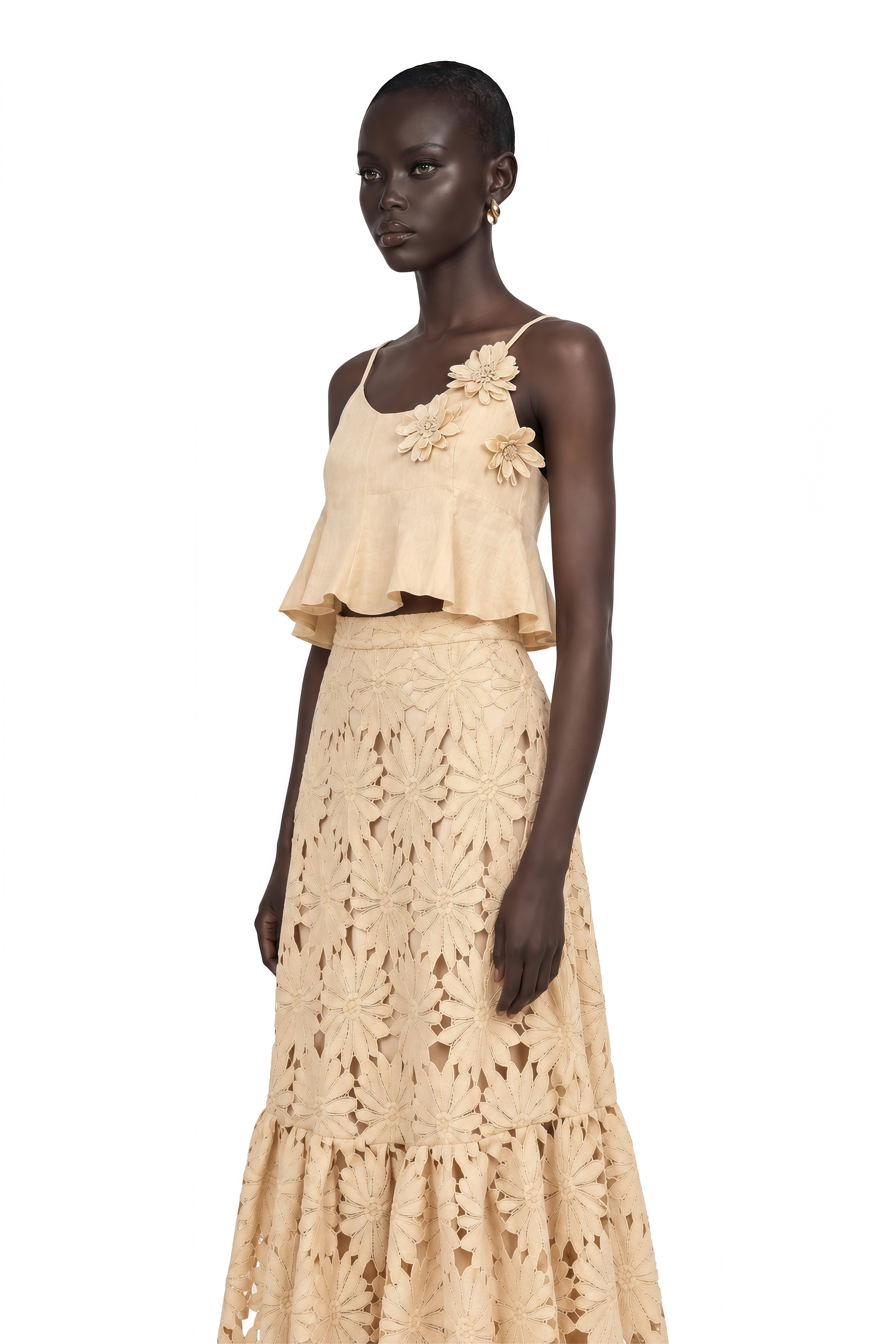 Céline Khaki Cut-Out Flared Top & Skirt Matching Set