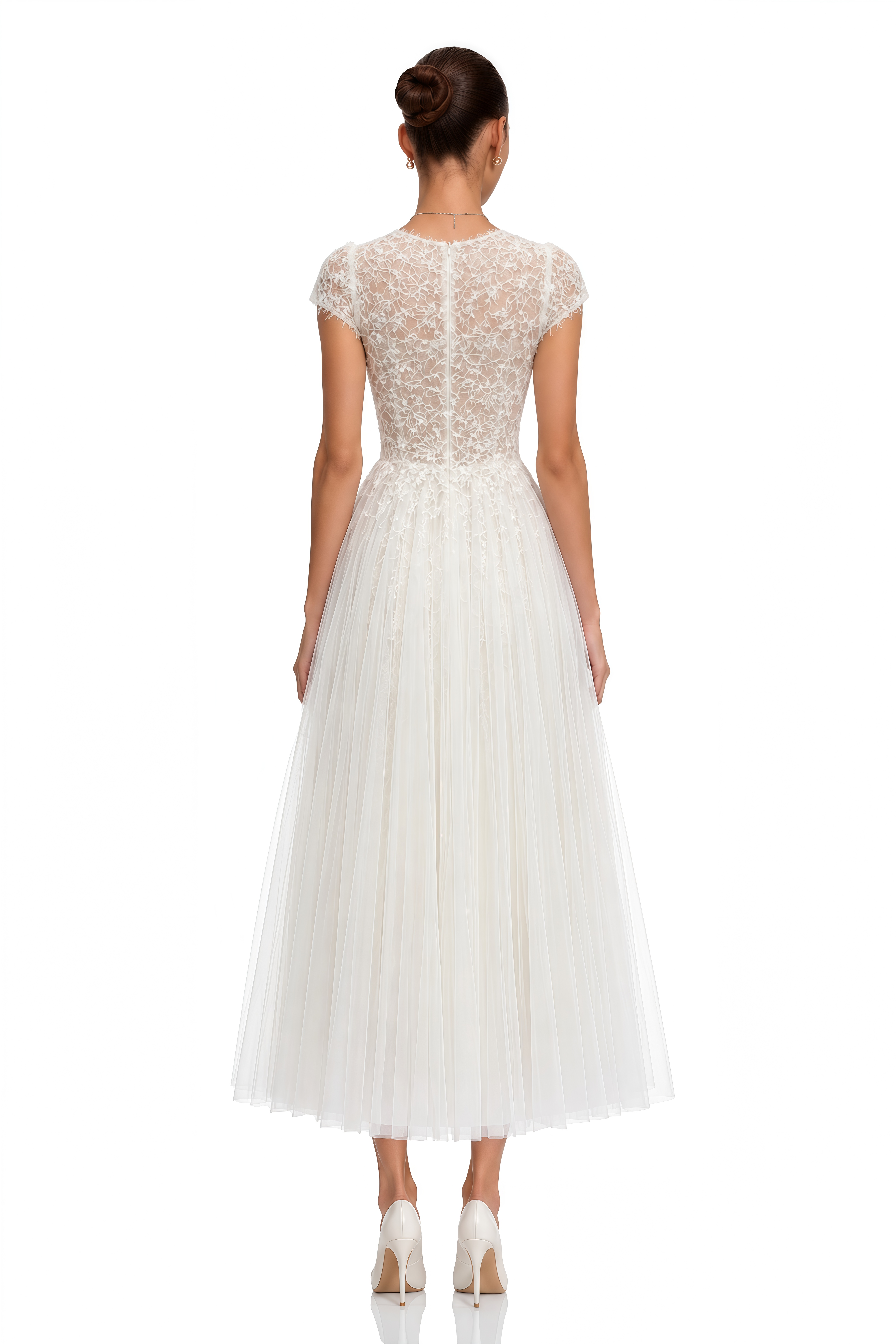 Antonia White Plunge Neck Midi Dress with Cap Sleeves
