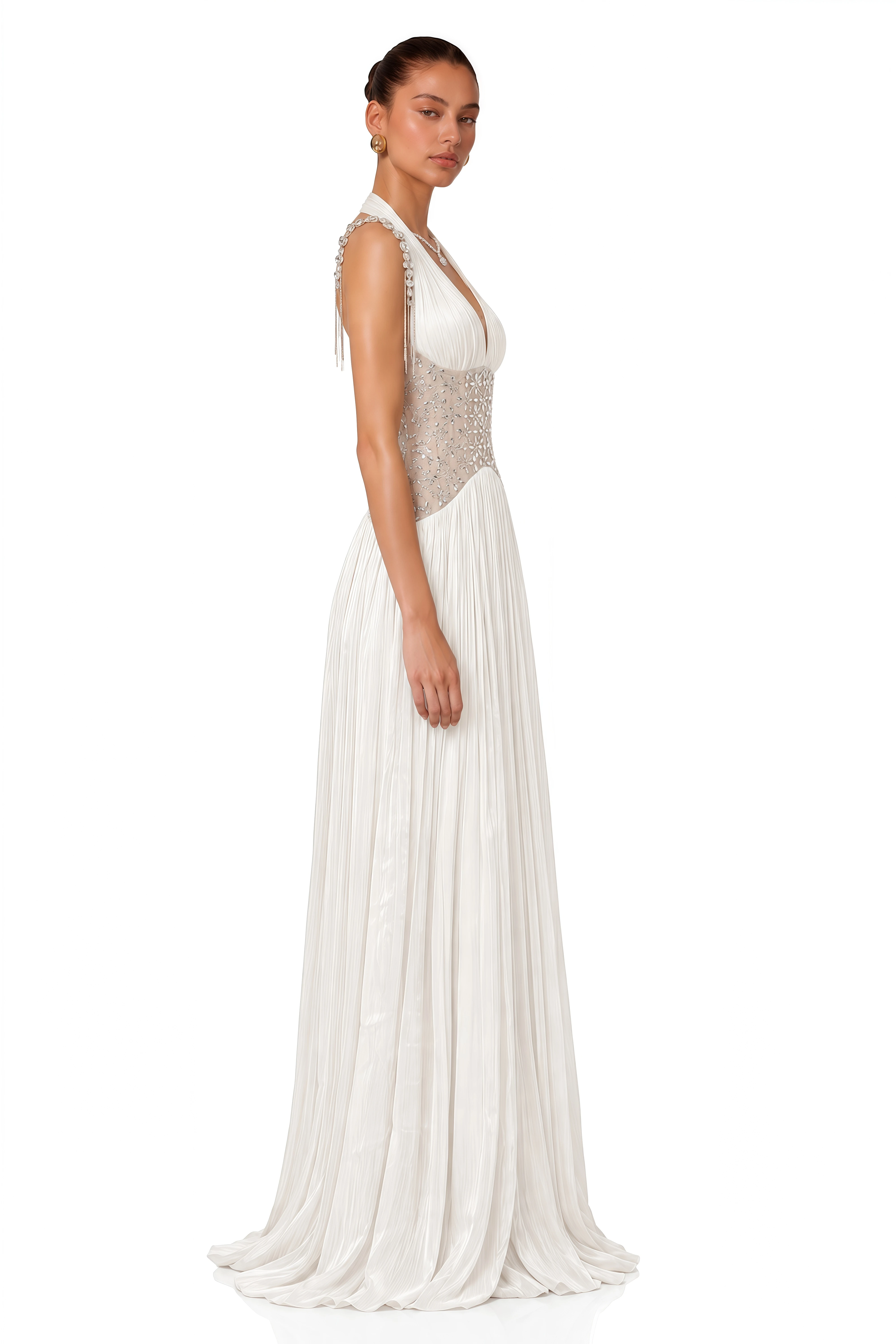 Gwenaëlle White Rhinestone Panel Maxi Dress