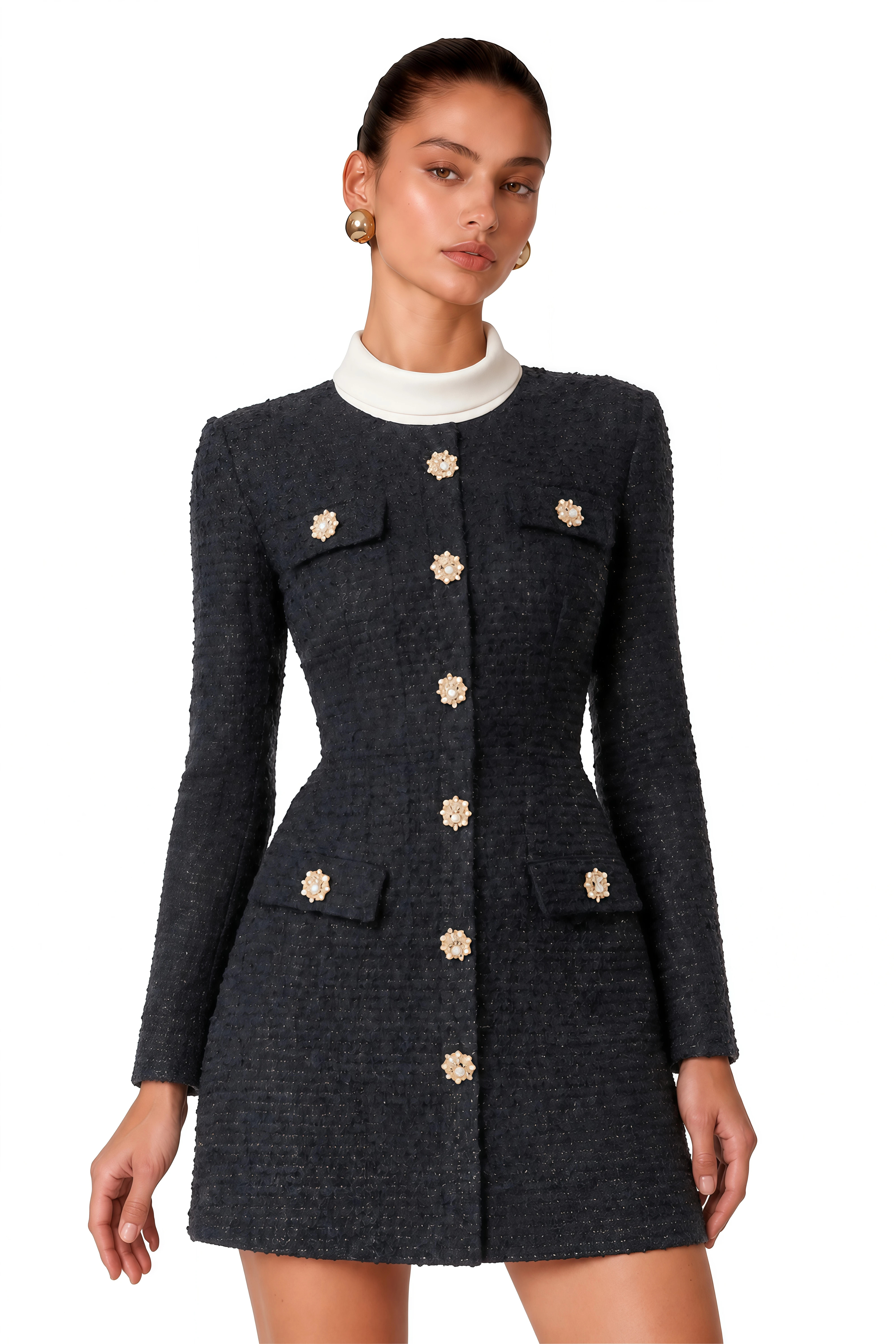 Fiona Navy Blue Embellished Tweed Mini Dress