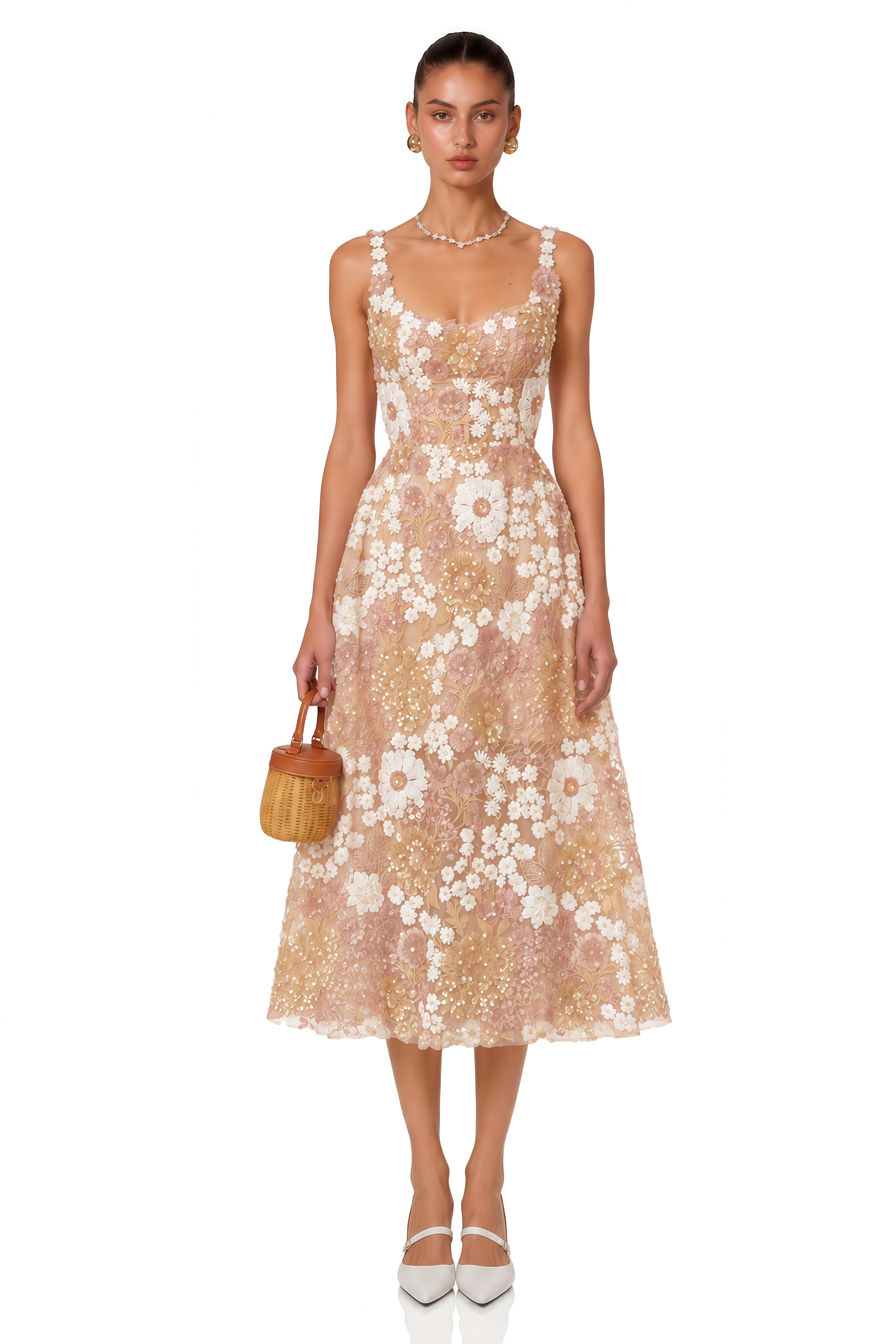 Eirlys Neutral Sequined Floral Tulle Midi Dress