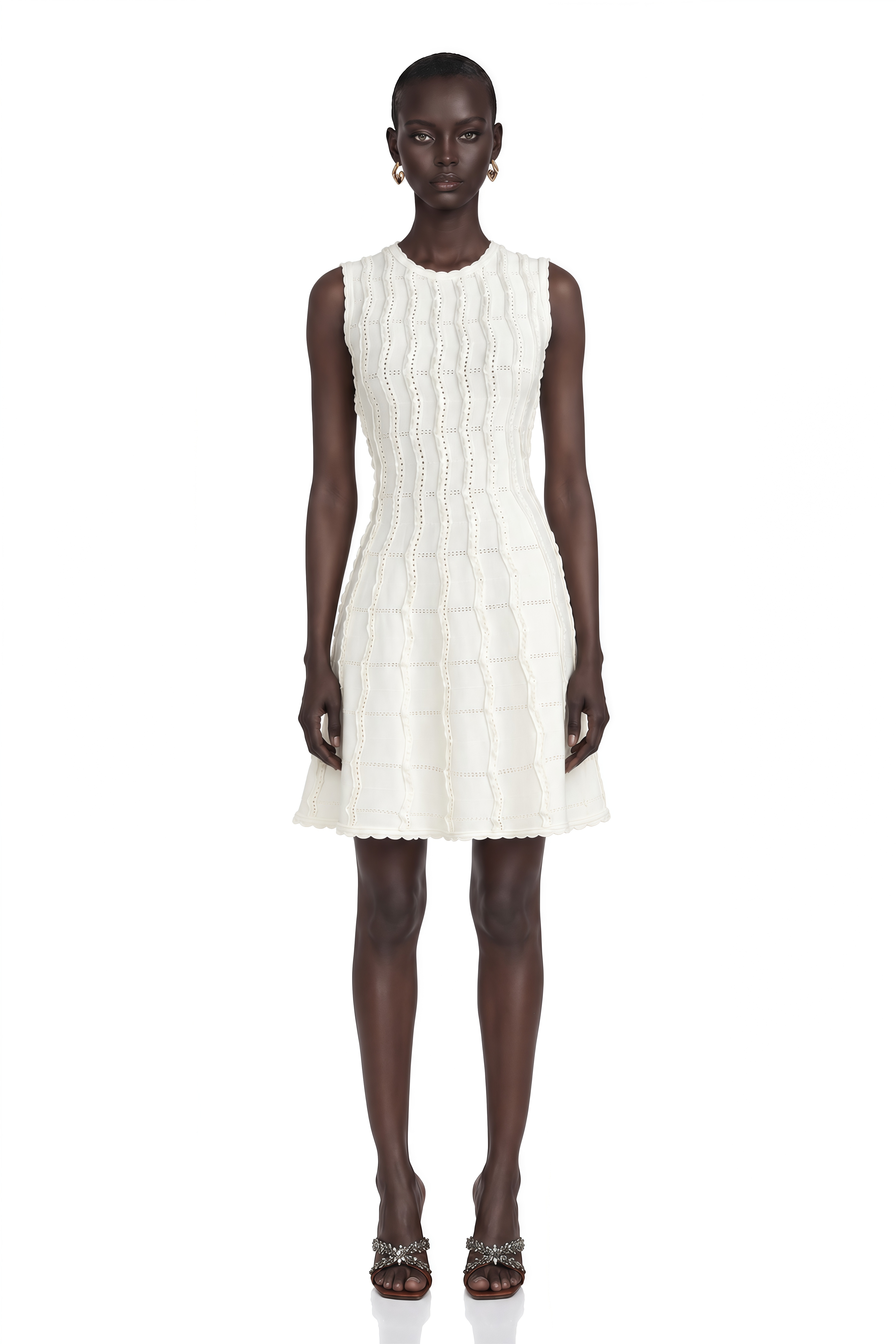 Esmée White Ruffled Sleeveless Knit Mini Dress