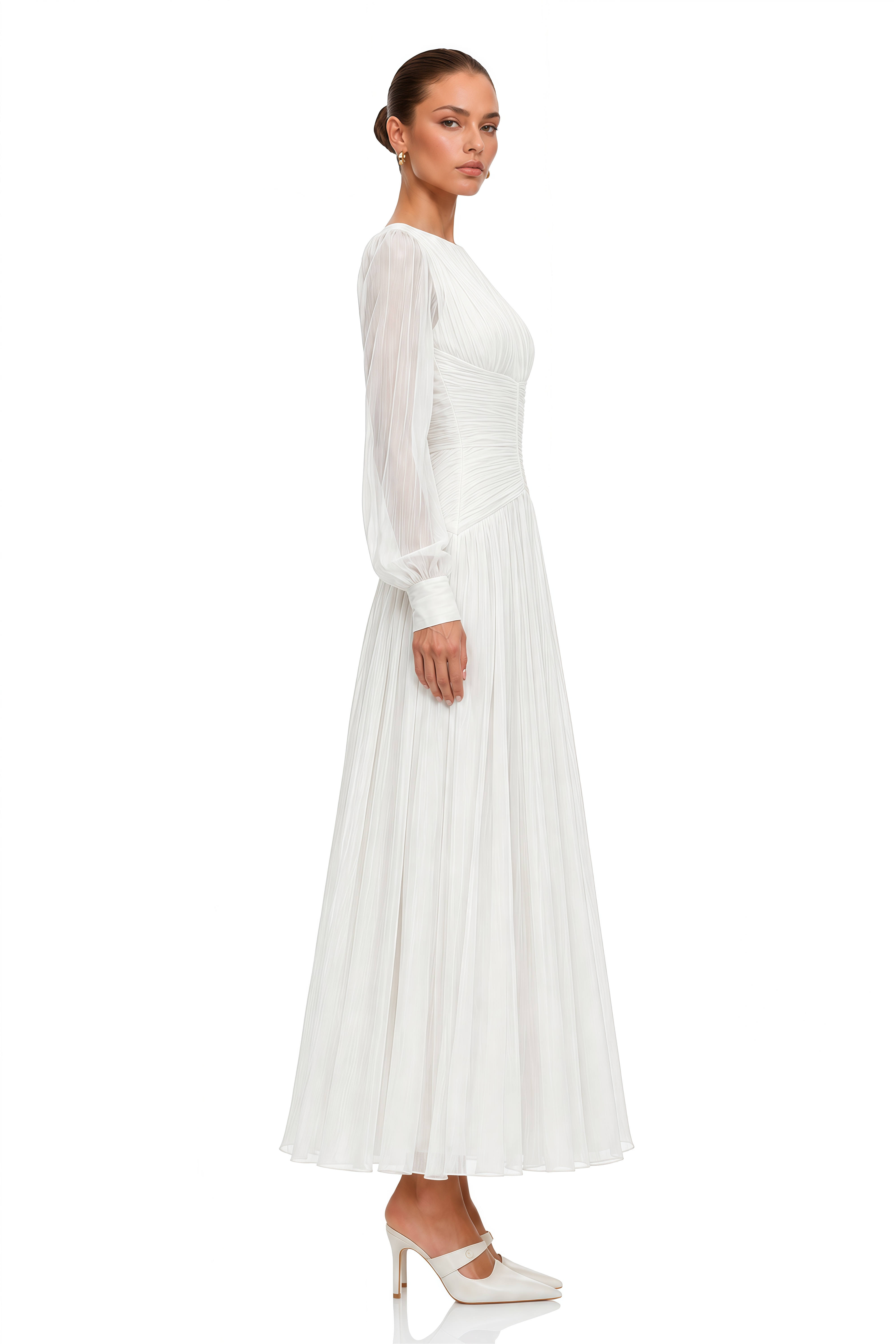 Aneka White High Neck Glossy Ruched Maxi Dress