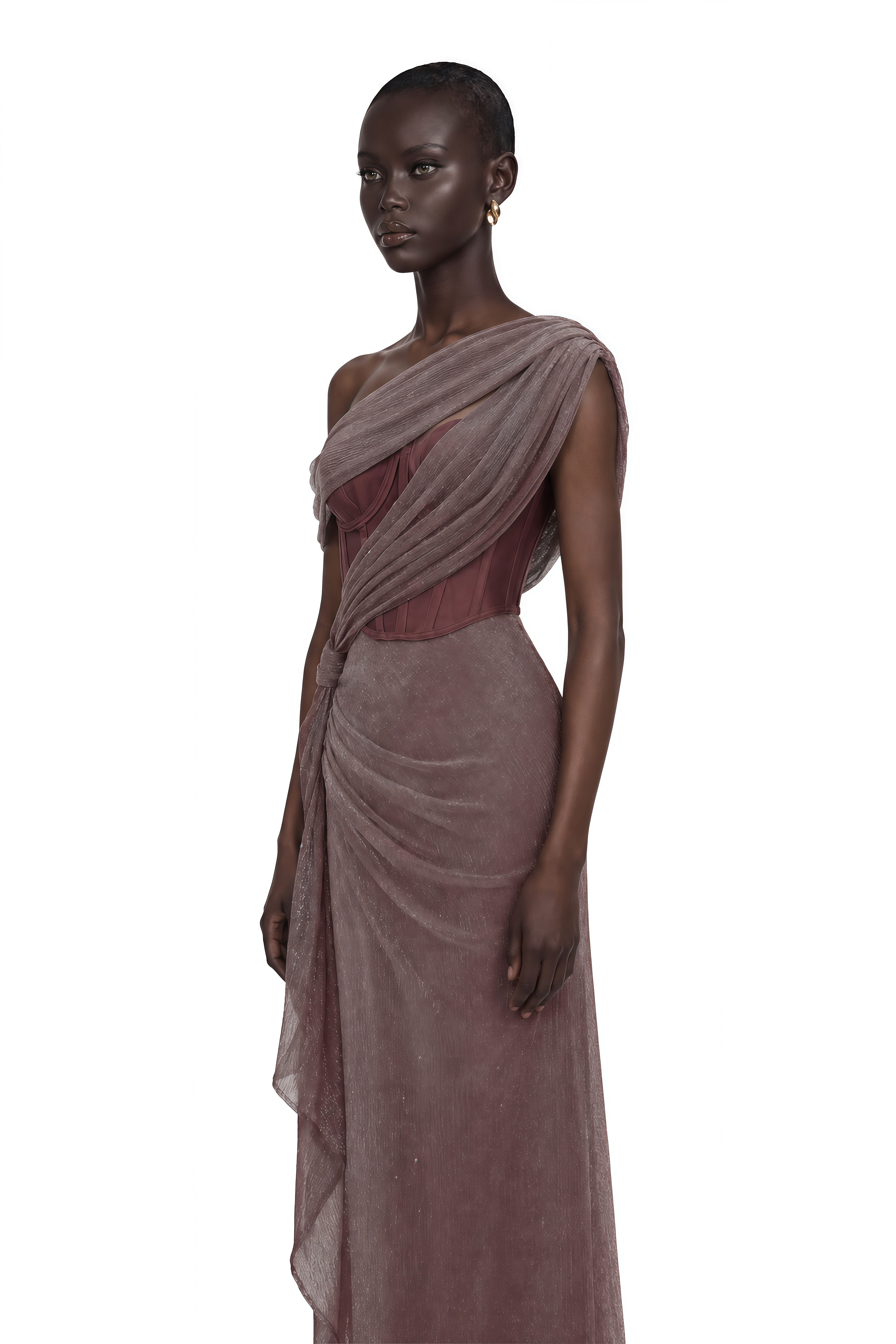 Delphine Ribbon-Design Corset Maxi Dress in Brown