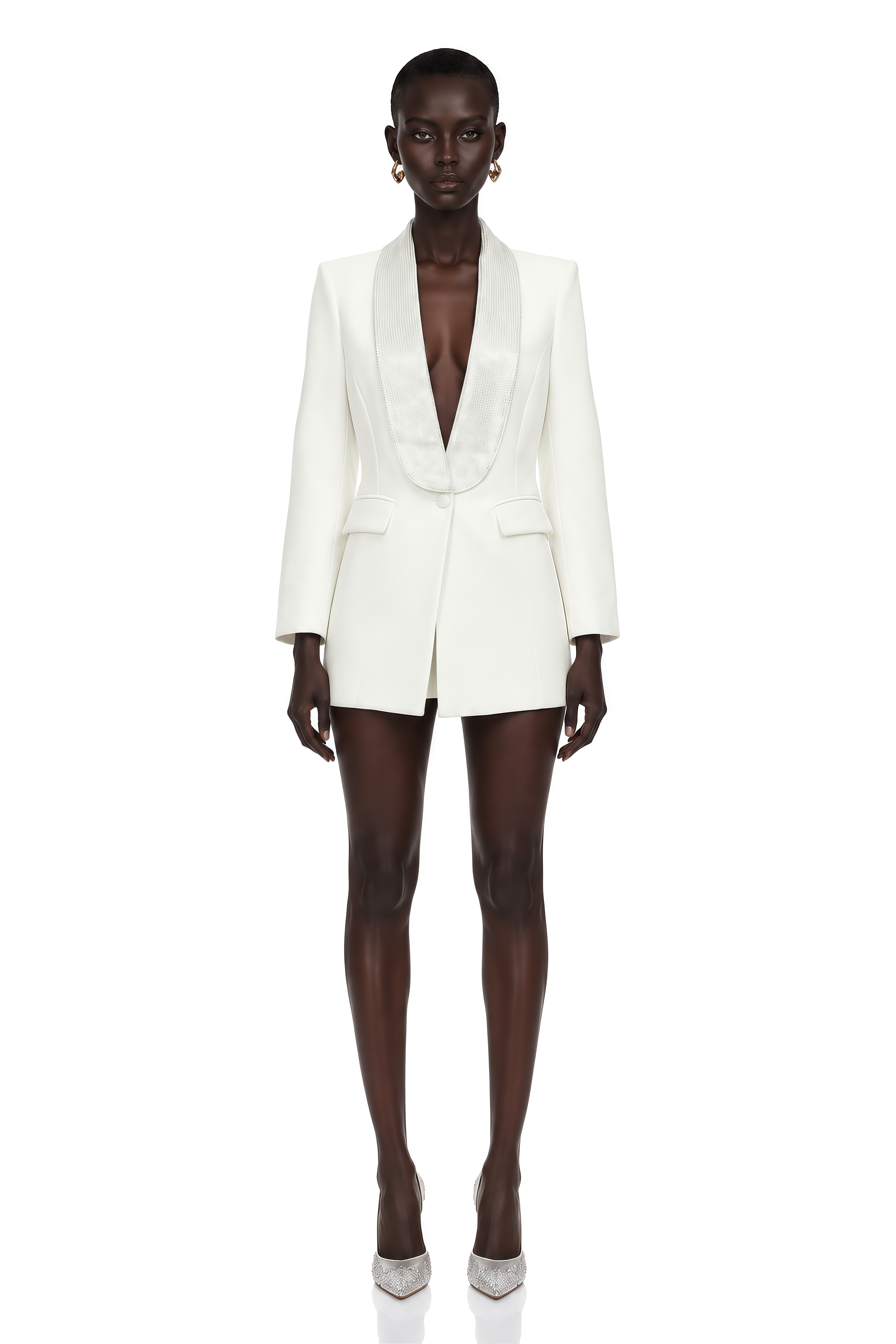 Caterina White Plunge Neck Embellished Blazer