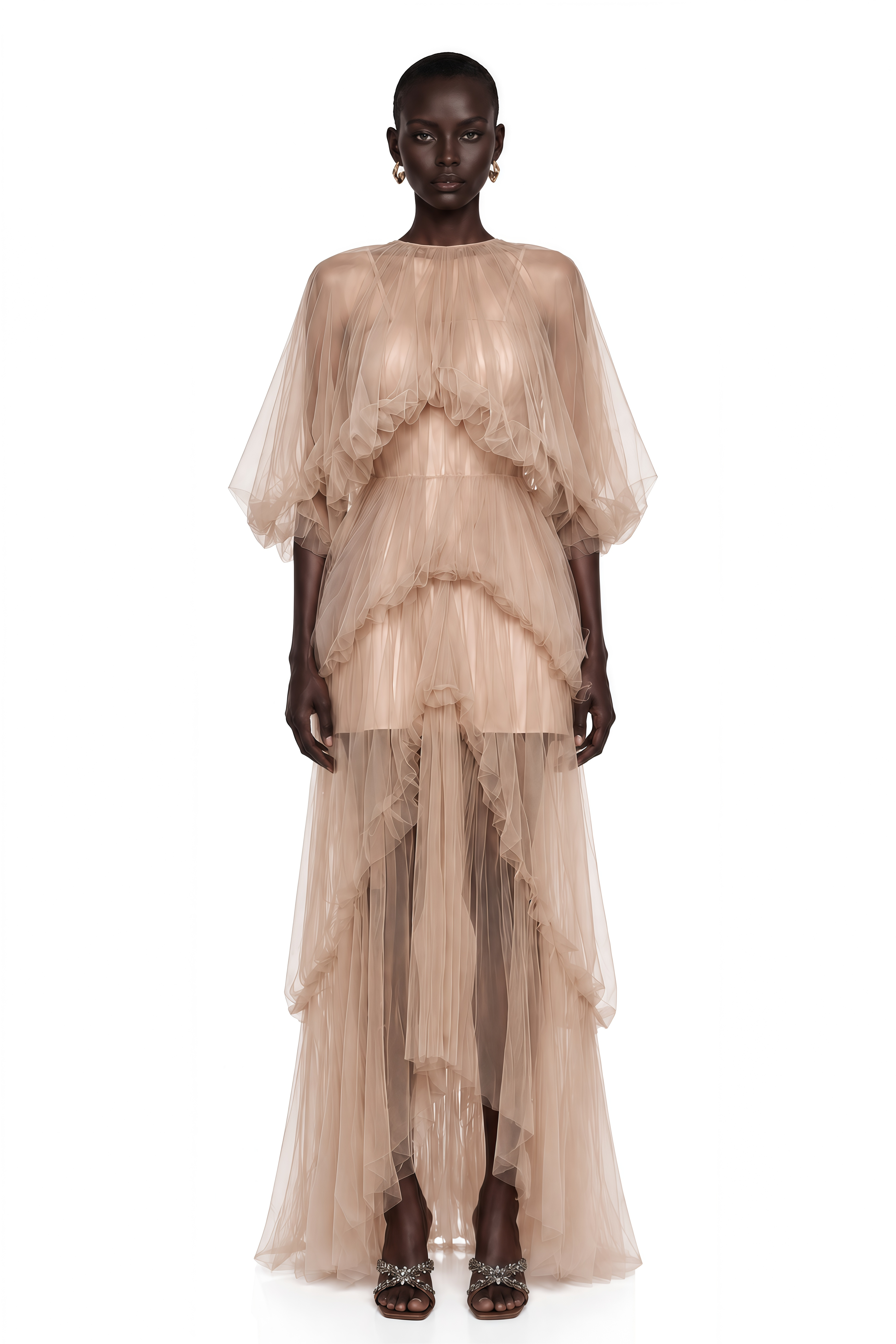 Graciana Nude Asymmetrical Pleated Maxi Dress