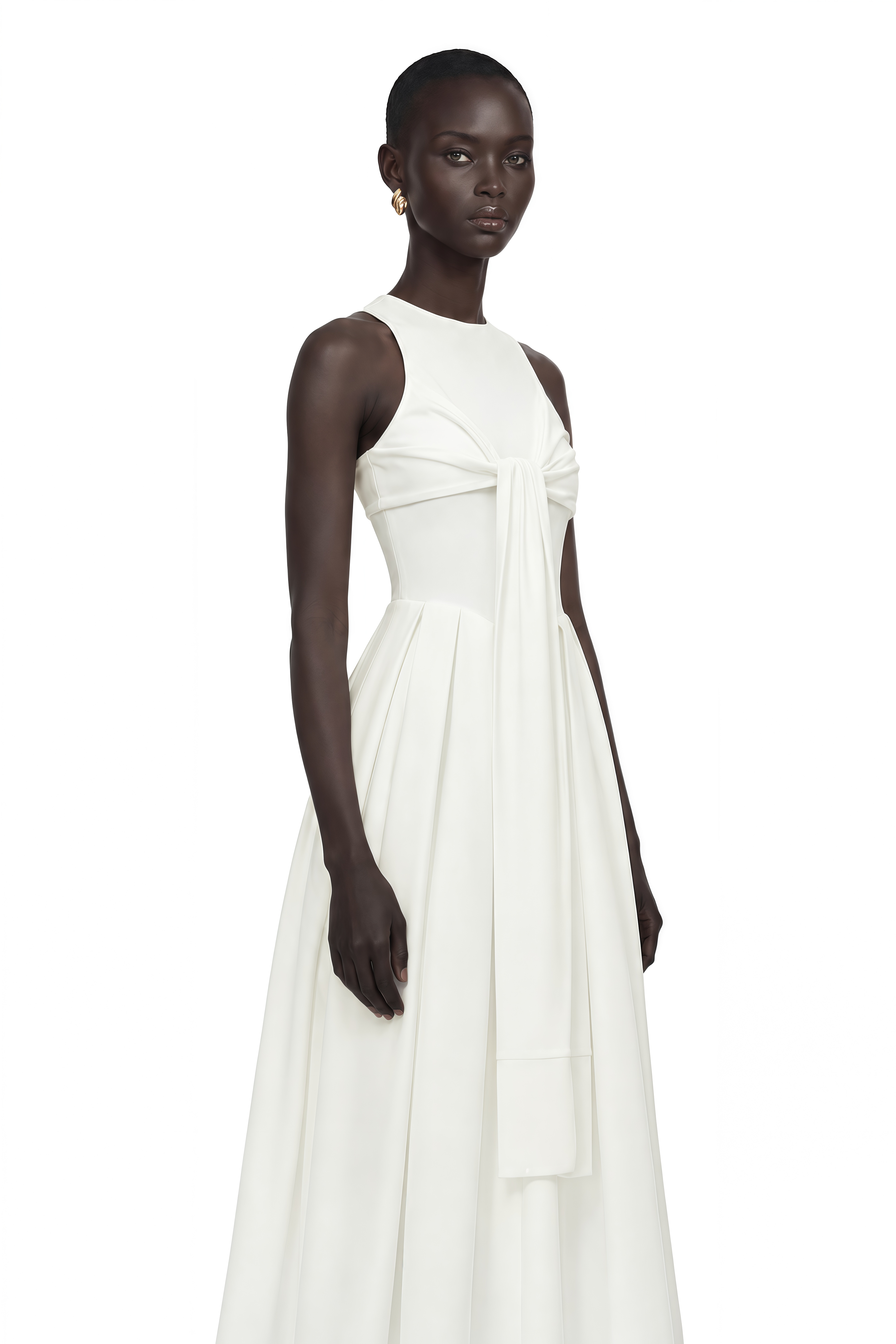 Ophelia White Pleated Midi Dress with Self-tie